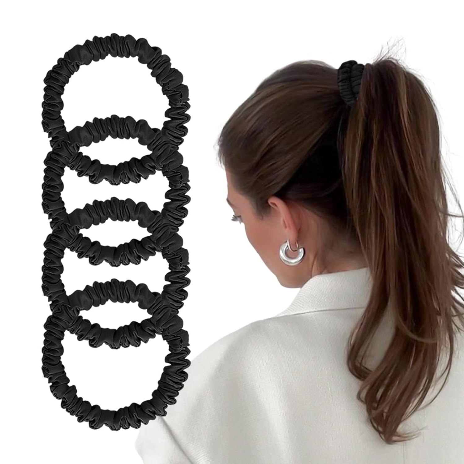 Mulberry Silk Scrunchies 4 Pack - Non Slip, Black Small Thin Silk Scrunchies for Women, Sleepy Ties for Thick Hair