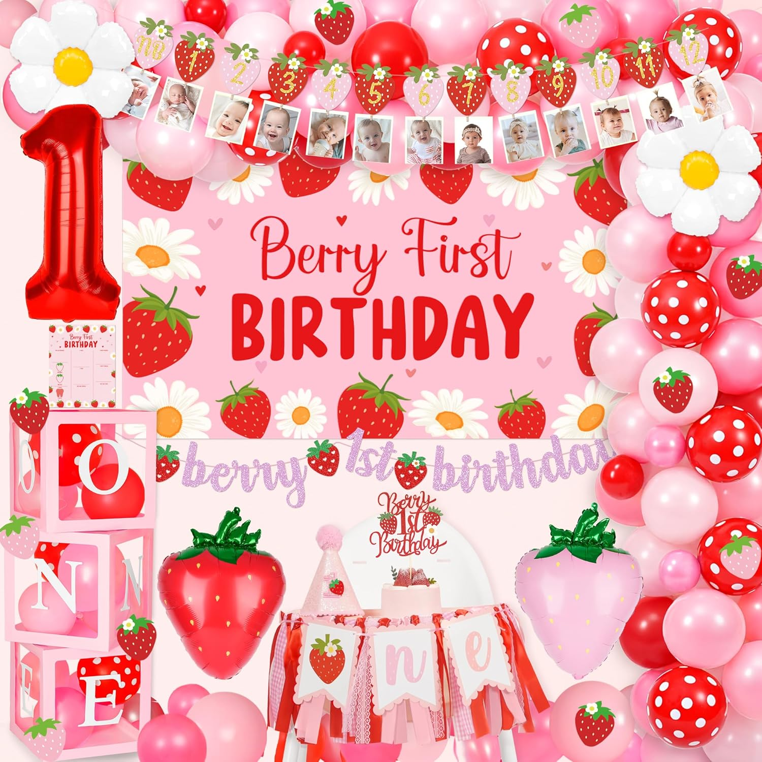 Berry First Birthday Decor Strawberry 1St Birthday Decorations for Girls with Balloon Arch, Highchair Banner Strawberry Theme Backdrop, Photo Banner, Cake Topper
