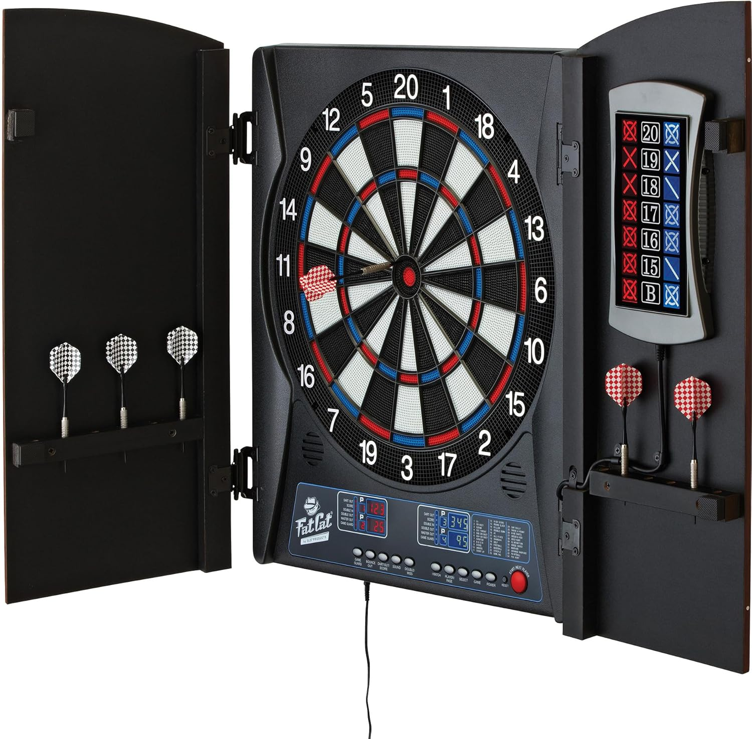 Fat Cat Mercury Electronic Dartboard, Built in Cabinet Doors with Integrated Scoreboard, Dart Storage for 6 Darts, Dual Display in Two Colors, Compact Target Face for Fast Play