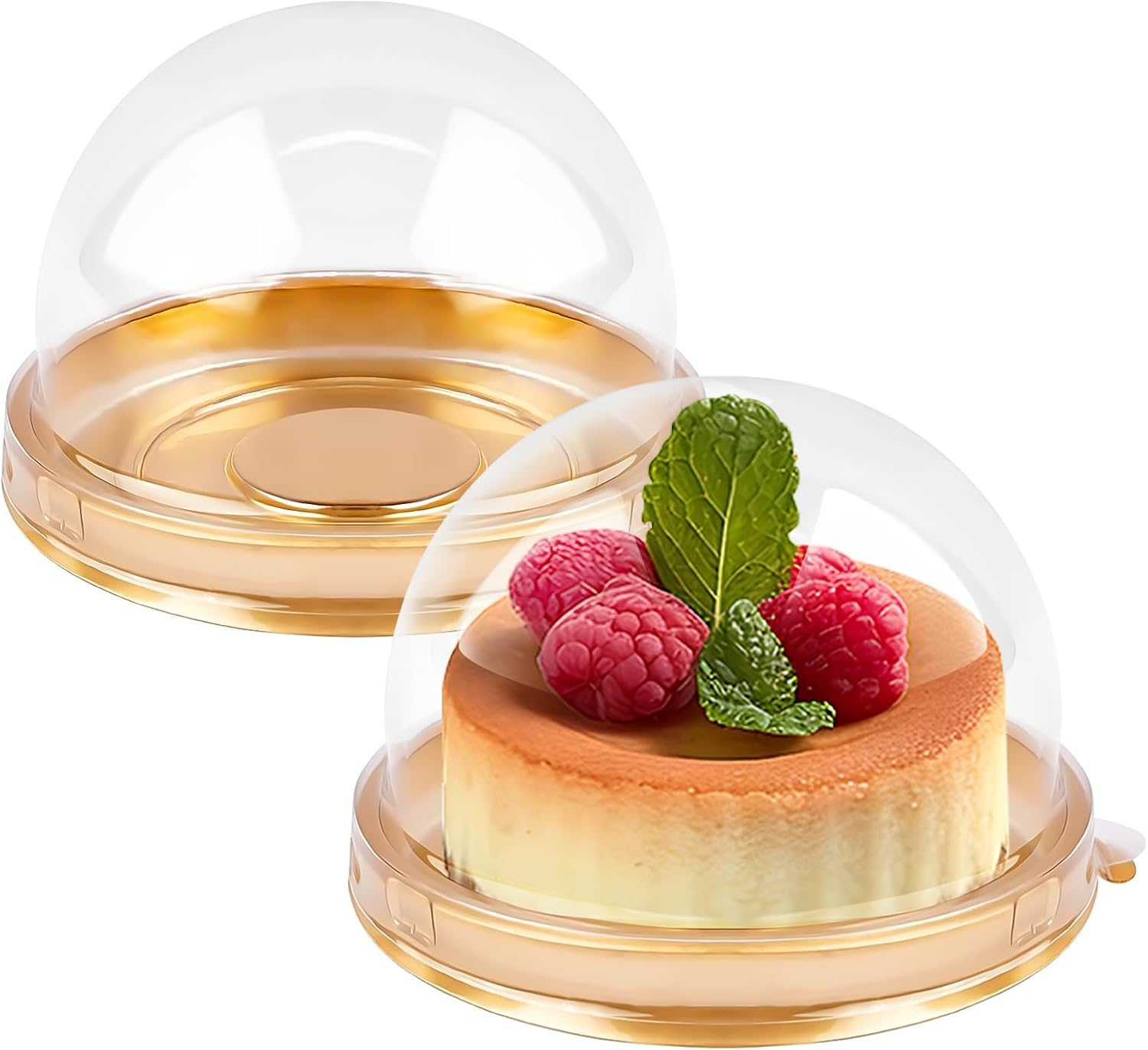 50 Pack Mini Cake Containers, Clear Plastic Small Cupcake Boxes with Dome Lids for Individual Chocolate Covered Cookies, Strawberry, Mooncake (Gold)