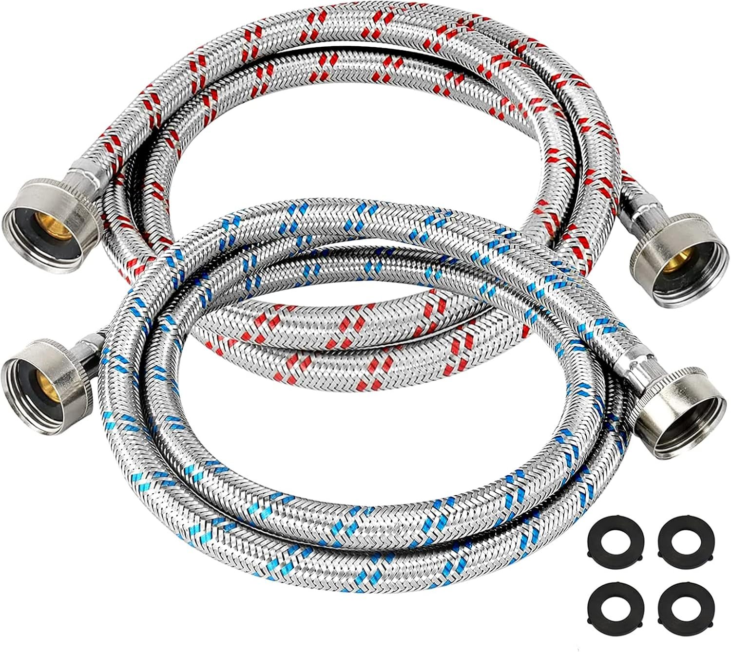 4 Ft Washing Machine Hoses Burst Proof Braided Stainless Steel - Fit for ALL Washers - Red and Blue Washer Hoses(2 Packs)