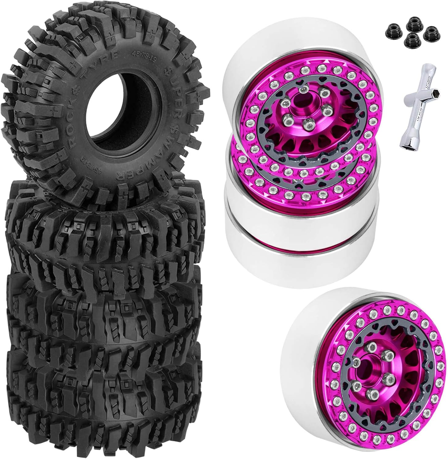 RC 1.9 Beadlock Wheels and Tires for 1/10 TRX4 TRX6 SCX10 SCX10 II 90046 SCX10 III AXI03007 SCX10 Pro Gen7/8 D90 VS4-10 MST CFX RC Crawler Car,4Pcs Beadlock Rims 1.9 Wheel Tires,Pink