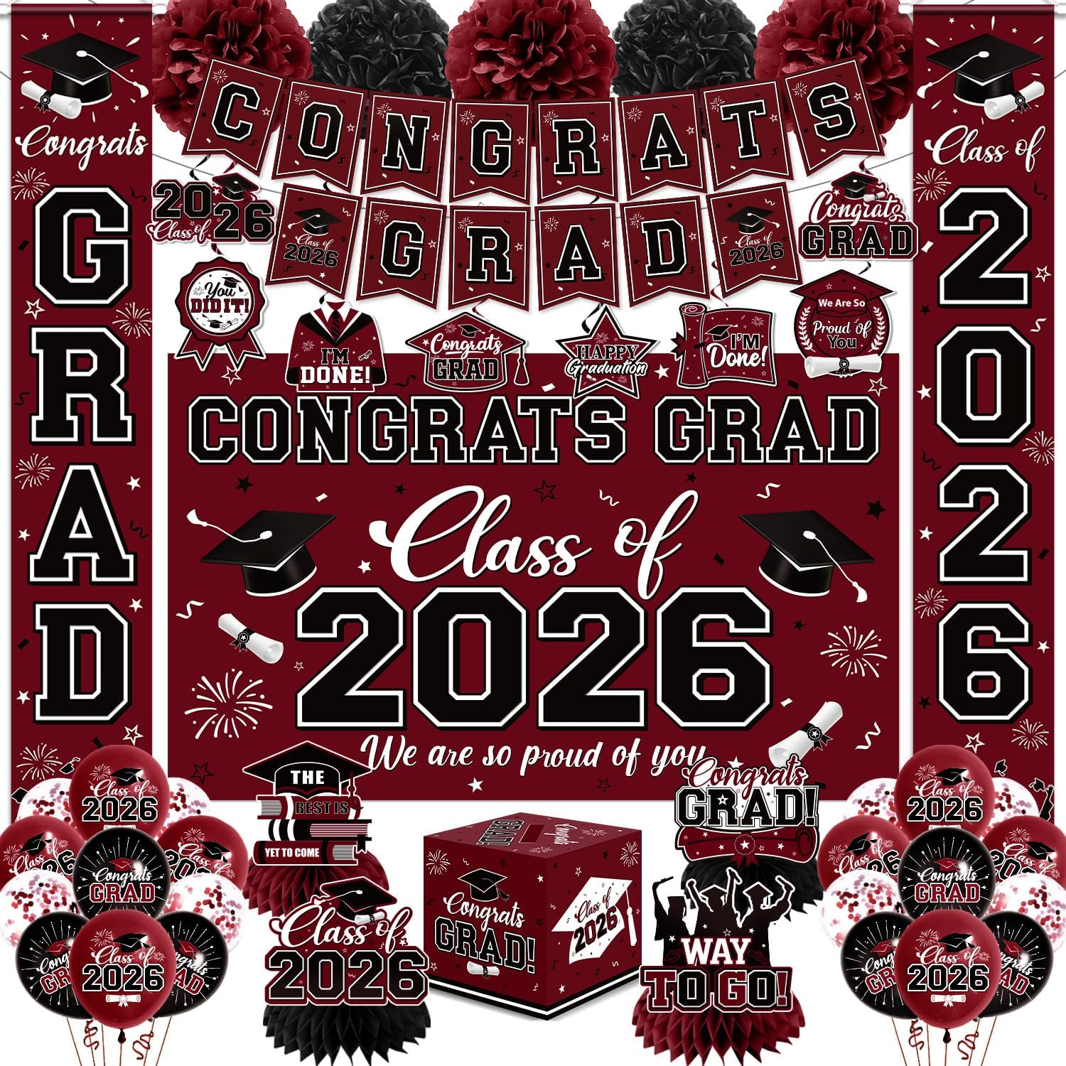 Graduation Decorations 2026 Maroon Party Decor Set with Congrats Grad Banner