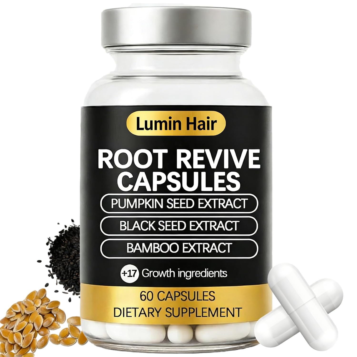 Root Revive Capsules for Women with Thinning Hair, Daily Hair Nourishment with Black Seed Extract, Biotin, Bamboo Extract and Saw Palmetto, Supports Hair Growth & Strength, 60 Count
