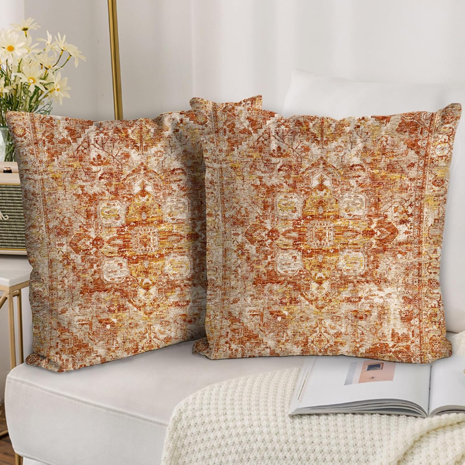 Boho Throw Pillow Covers 18x18 inch Set of 2,Bohemian Vintage Carpet Pattern Antique Ethnic Decor Double Sided Pattern Cushion Cover Soft Pillow Case Living Sofa Room Bed Square Pillow Cover