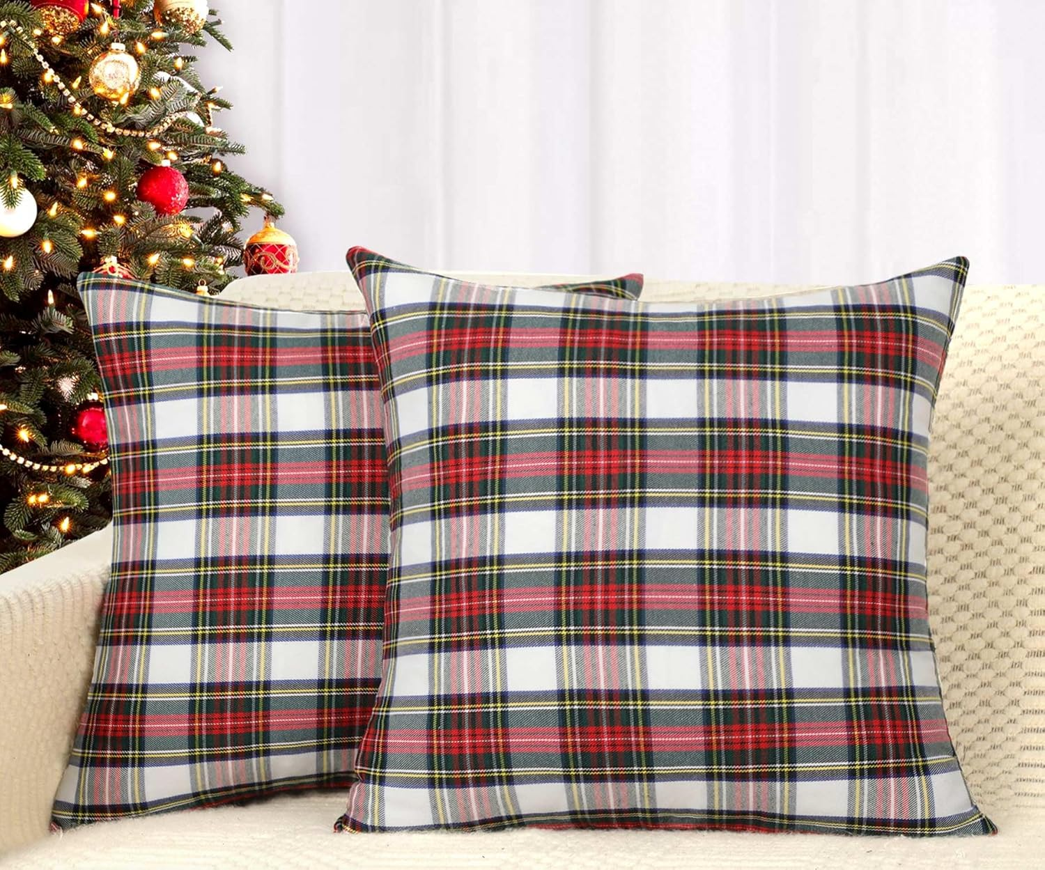 Set of 2 Christmas Scottish Tartan Plaid Throw Pillow Covers Cushion Case Polyester for Farmhouse Home Decor Red and White, 18 X 18 Inches