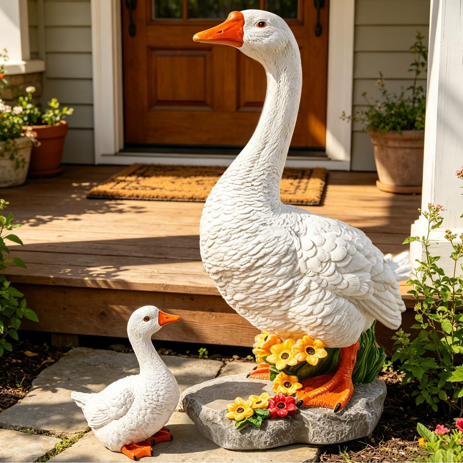 Porch Goose Garden Statue 2 Pack, Mom and Baby Goose Garden Decor, 20 Inches High Goose Statue, Big Resin Yard Decor, Outdoor Geese Figurine for Patio,Porch,Yard,Lawn Ornament, Gifts for Mom