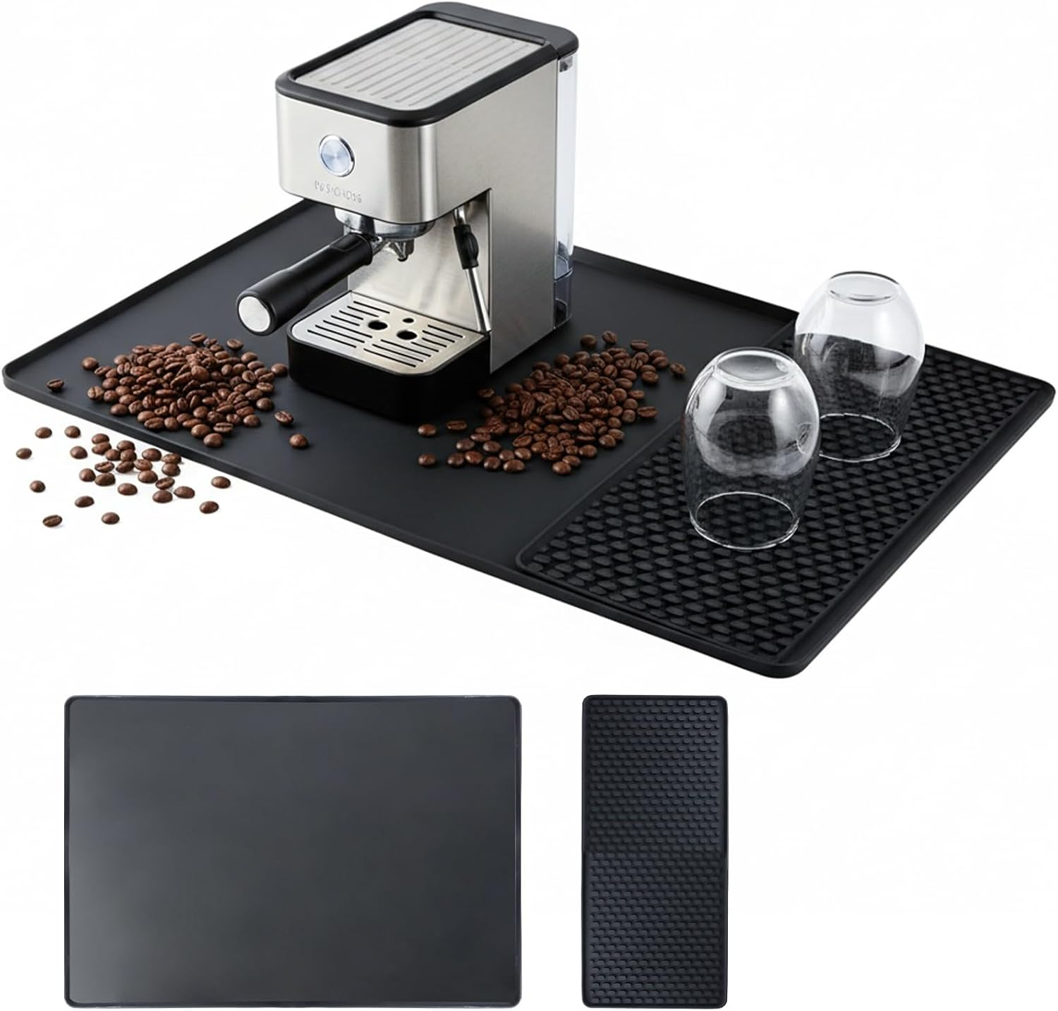 Large Silicone Coffee Machine Mat with 19X40Cm Detachable Dish Drying Mat, 60X40Cm Spill-Proof Coffee Bar Mat Heat Resistant Silicone Coffee Mat for Kitchen Countertops