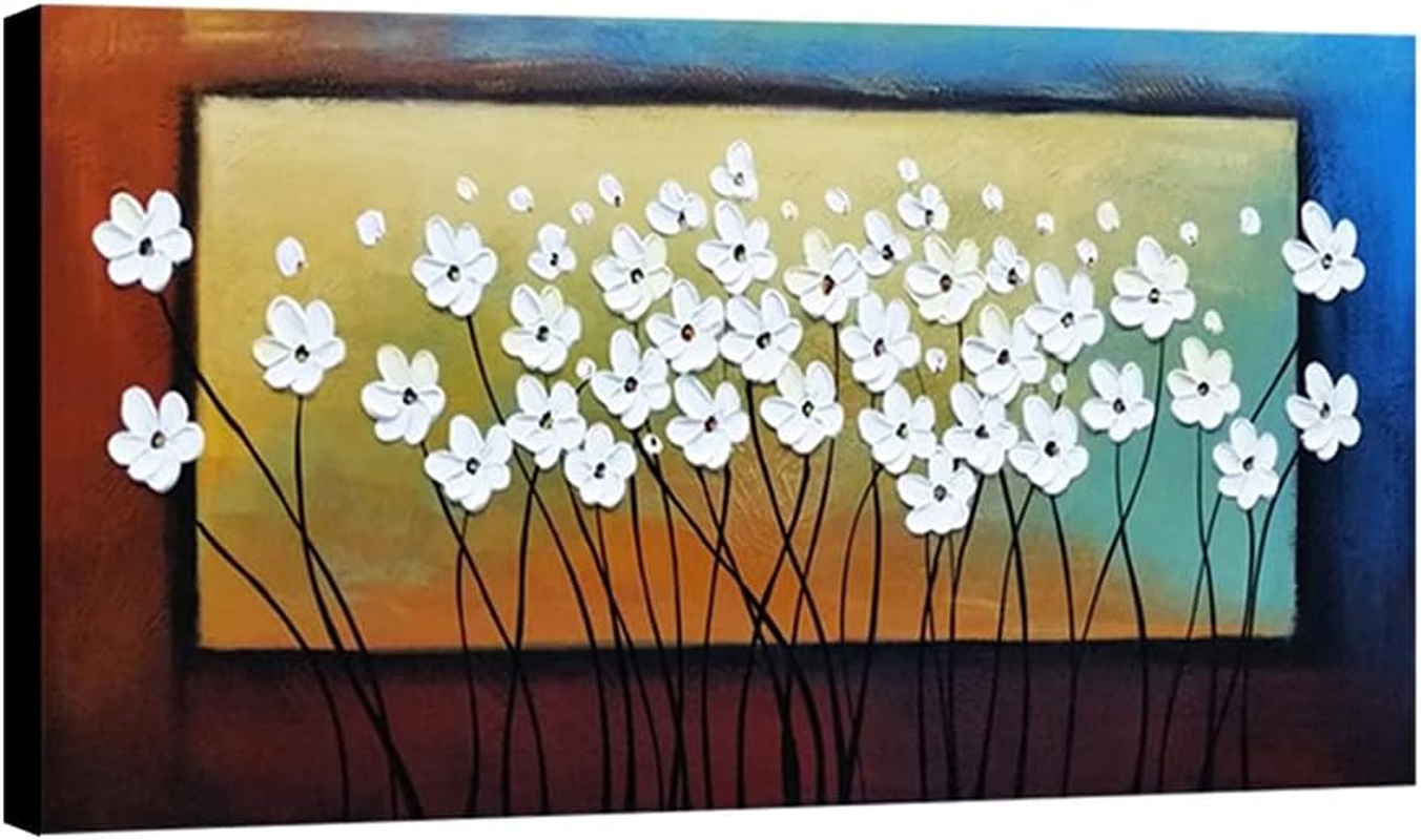 White Flowers Oil Paintings on Canvas Wall Art for Living Room Bedroom Home Decorations Large Modern Stretched and Framed 100% Hand Painted Contemporary Pretty Abstract Floral Artwork L