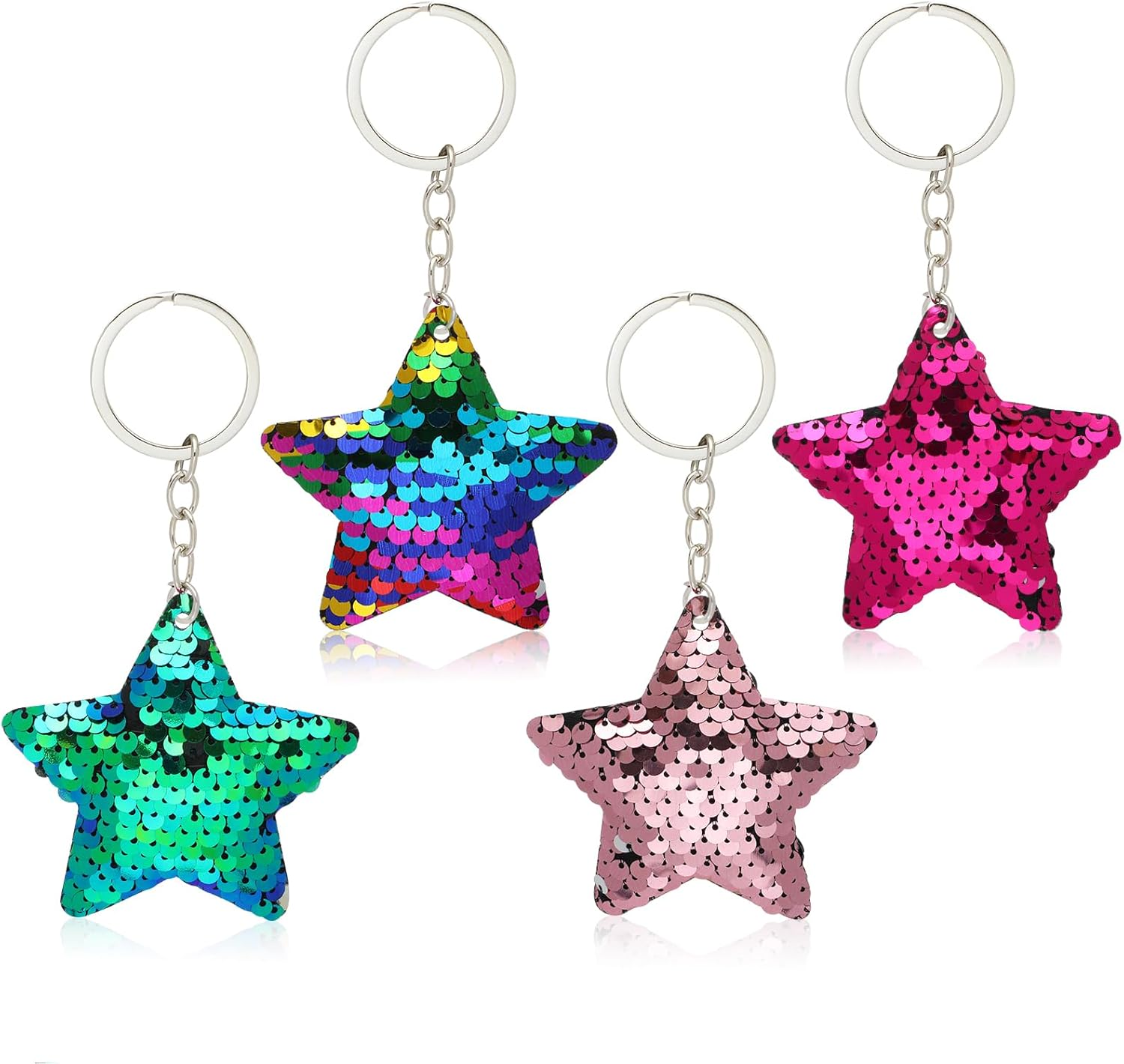 Set of 4 Star Shaped Glitter Sequins Charm Keychain Bag Hanging Decoration Key Ring