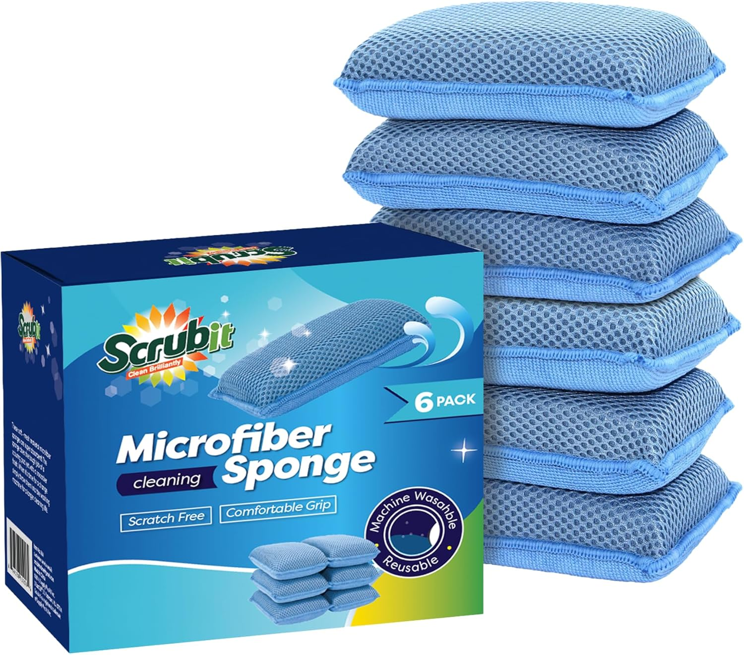 Miracle Microfiber Kitchen Sponge by Scrub-It (6 Pack) - Non-Scratch Heavy Duty Dishwashing Cleaning Sponges- Machine Washable - (Blue)