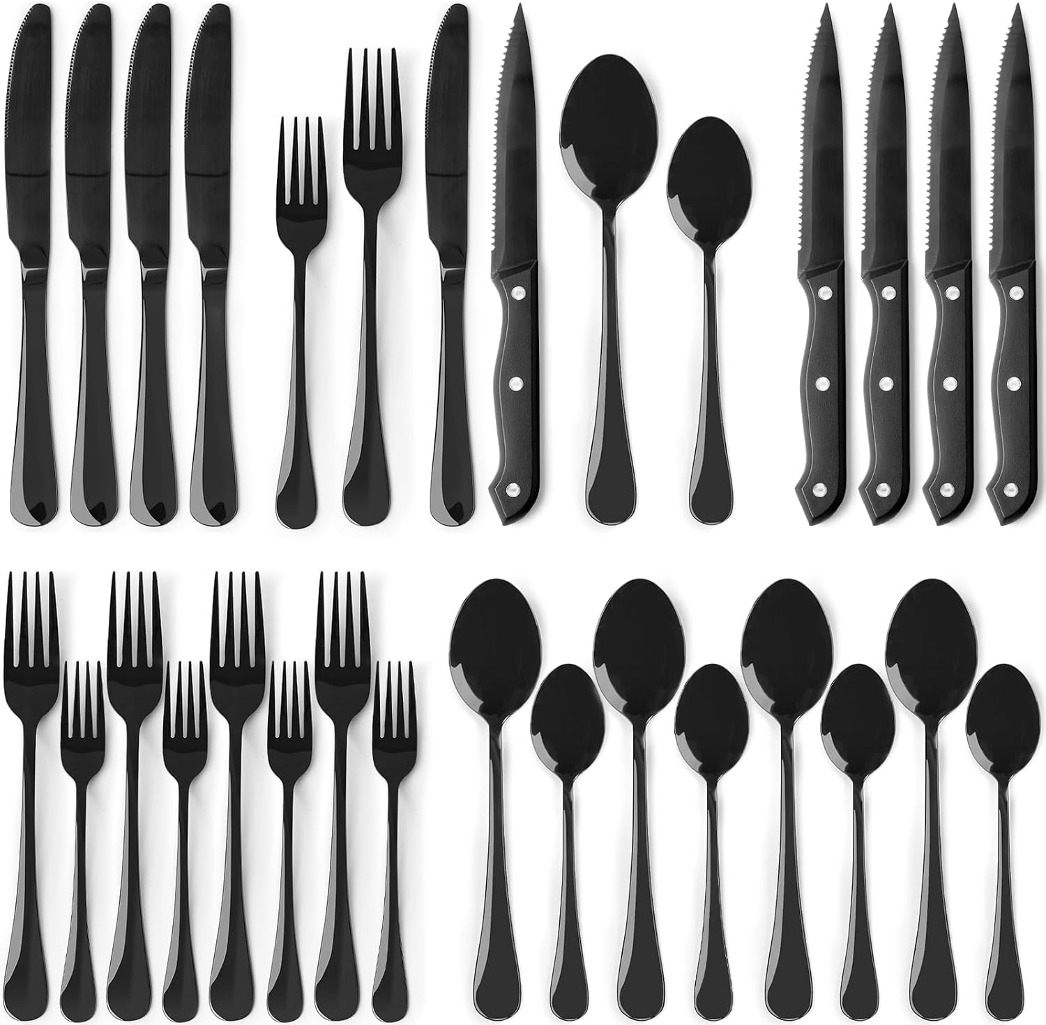 24-Piece Black Silverware Set with Steak Knives Flatware Set for 4 Food-Grade Stainless Steel Cutlery Set Mirror Polished Utensils Set Include Spoons and Forks for Home Kitchen Restaurant