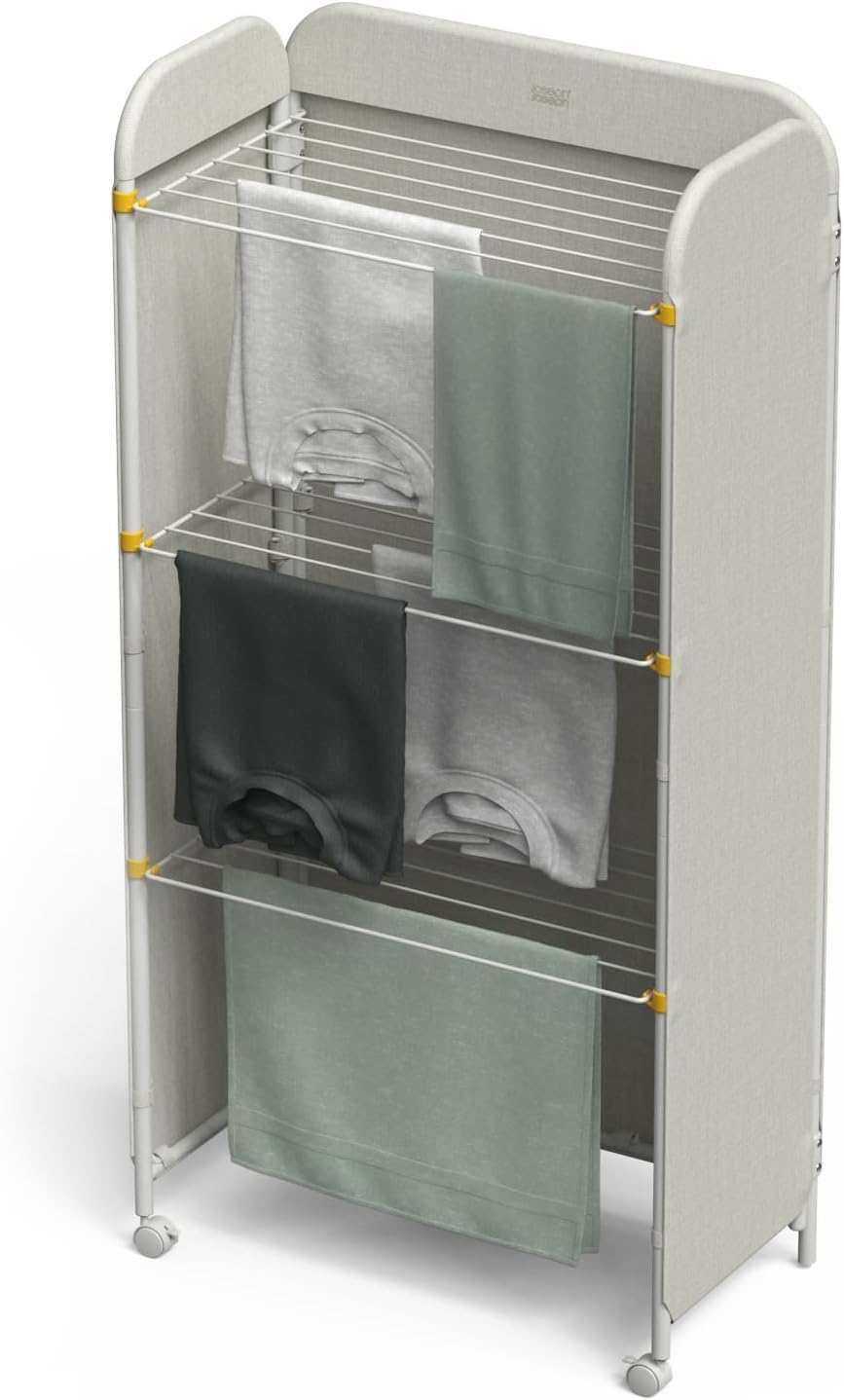 Joseph Joseph Eclipse 3-Tier Adjustable Laundry Drying Rack, Integrated Fabric Cover, Heavy Duty, with Wheels, Folds Flat, 14Kg/14M Capacity