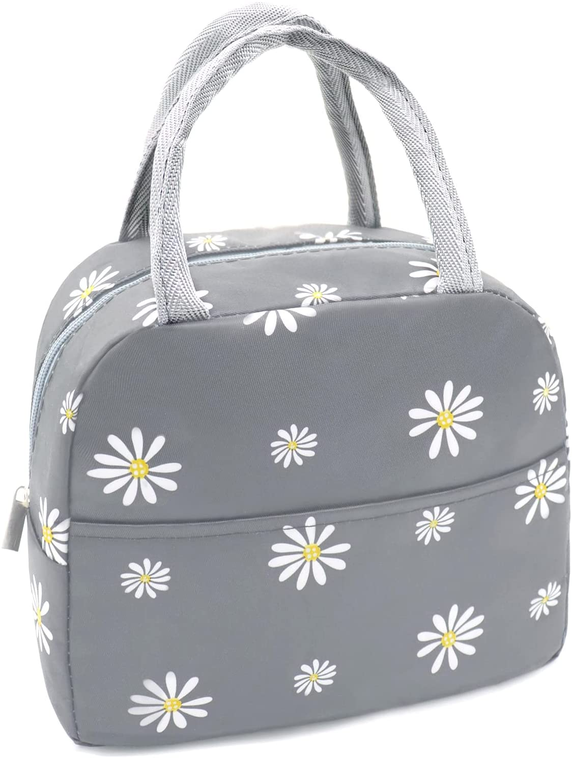 Insulated Lunch Bag Women Girls, Reusable Cute Tote Lunch Box for Adult & Men, Leakproof Cooler Lunch Bags for Work Office  School Picnic (Grey with White Daisy)