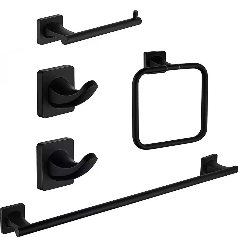 5-Piece Wall-Mount Bath Hardware Set with 24 In. Towel Bart TP Holder Towel Ring 2 Towel Hooks in Matte Black