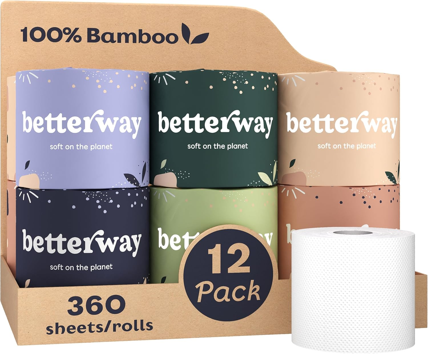 Bamboo Toilet Paper 3 Ply - Sustainable Toilet Tissue - 12 Long-Lasting Rolls & 360 Sheets per Roll - Septic Safe - Organic, Plastic & PFAS Free - FSC Certified