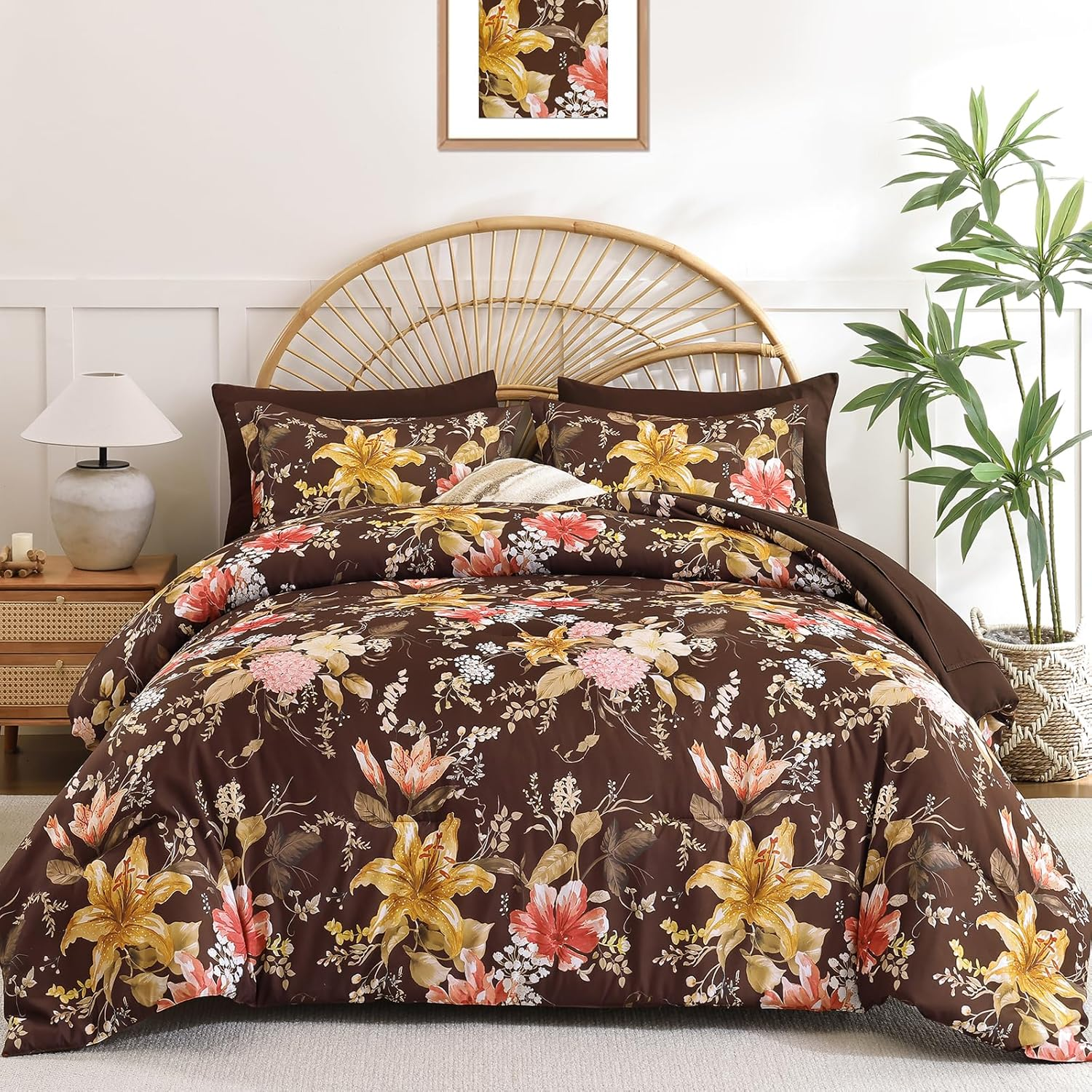 King Comforter Set - 7 Pieces Purple Floral Soft Bedding Sets, King Bed in a Bag with Botanical Flowers Comforter, Sheets, Pillowcases & Shams