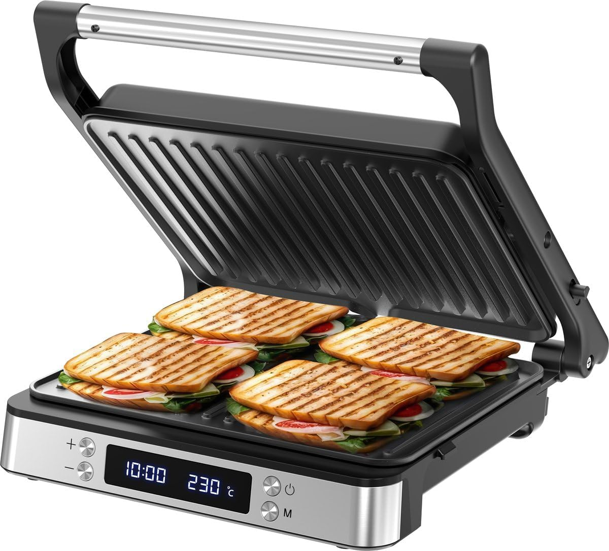 Olvy XL Sandwich Toaster Contact Grill with Temperature Control Opens Flat for 4 Sandwiches Panini Press Large Capacity for Quick Toasting