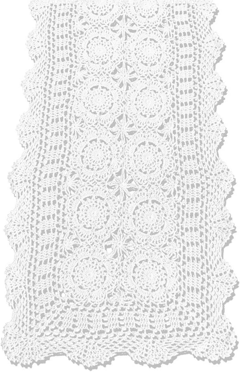 Cotton Handmade Crochet Lace Table Runner White Rectangle Coffee Table Dresser Decor (14X36 Inch)