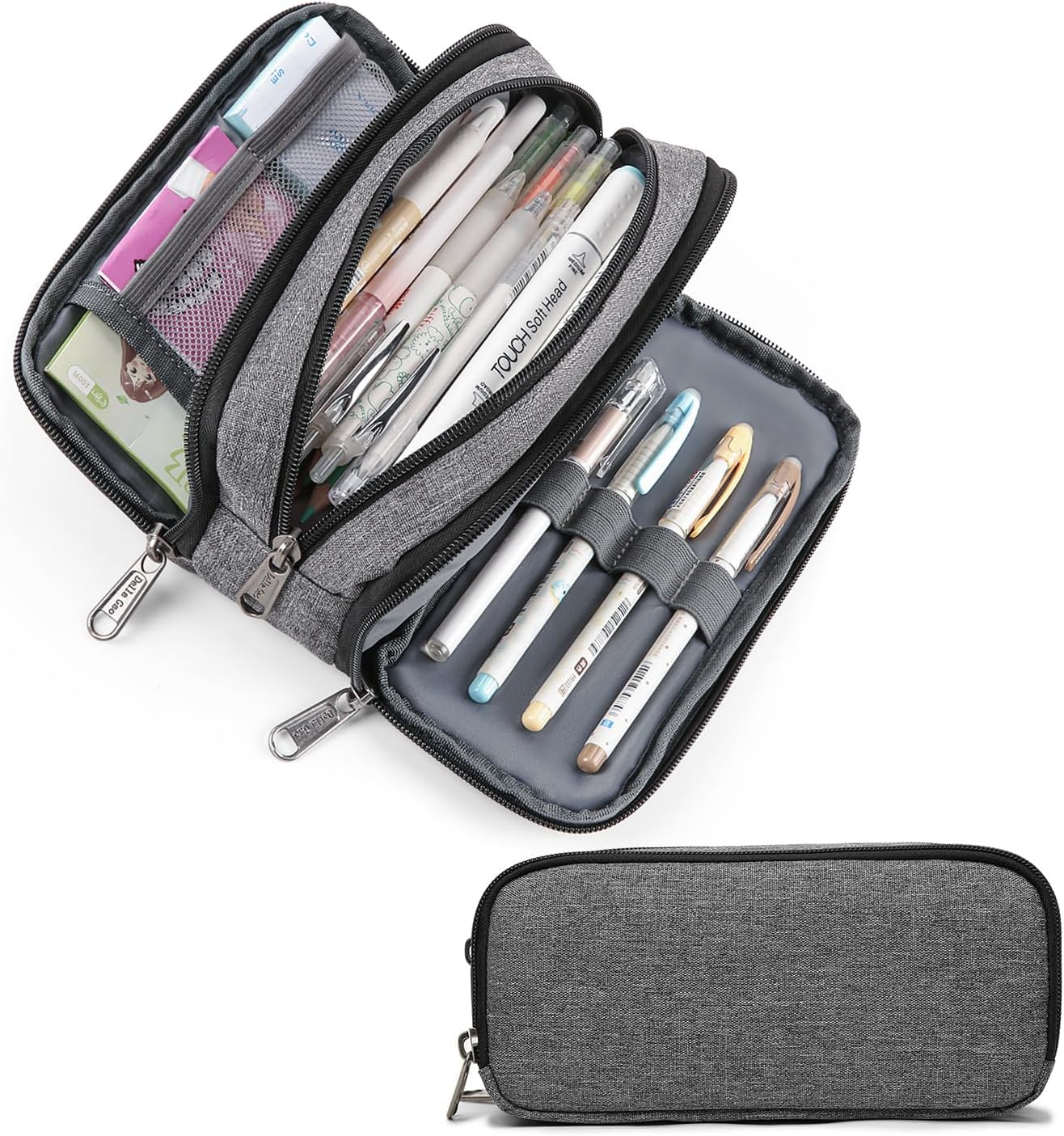 Big Capacity Pencil Case, Aesthetic Pencil Pouch with 3 Compartments Large Pencil Bag Nylon Storage Pen Bag Office Stationery Organizer for Women and Men - Grey