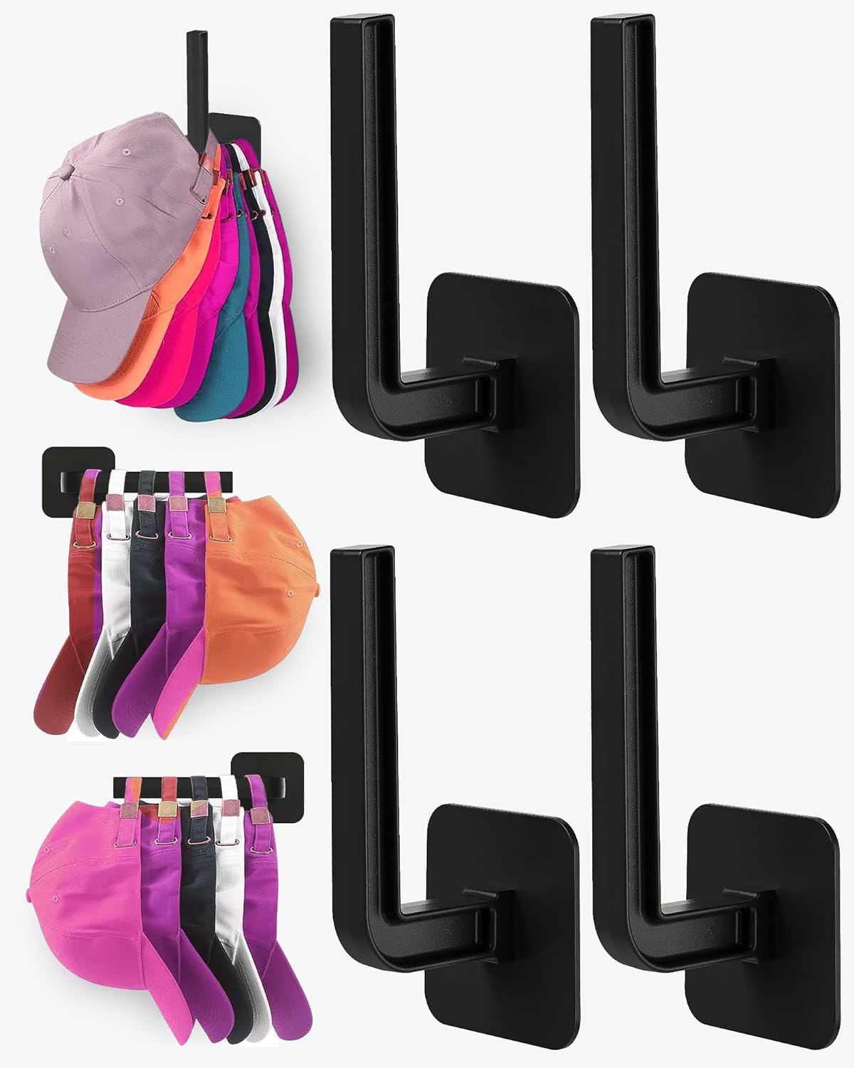 Hat Rack for Hat Storage (4-Pack), Multi-Purpose Hat Organizer,  Black