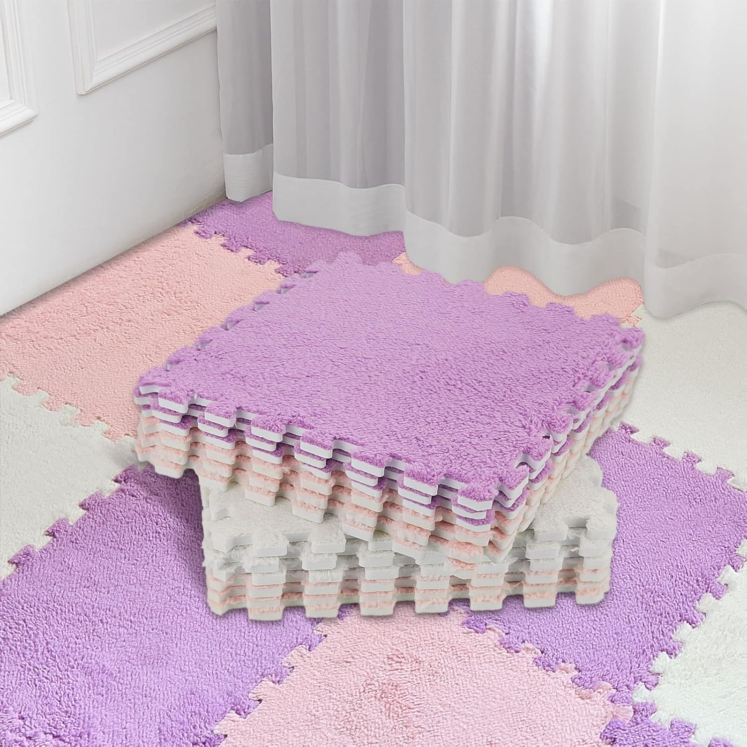 Amylove 36 Pcs Plush Foam Floor Mat Square Interlocking Carpet Tiles with Border Fluffy Play Mat Floor Tiles Soft Climbing Area Rugs for Home Playroom, 12 X 12 X 0.4 Inch (White, Pink and Purple)