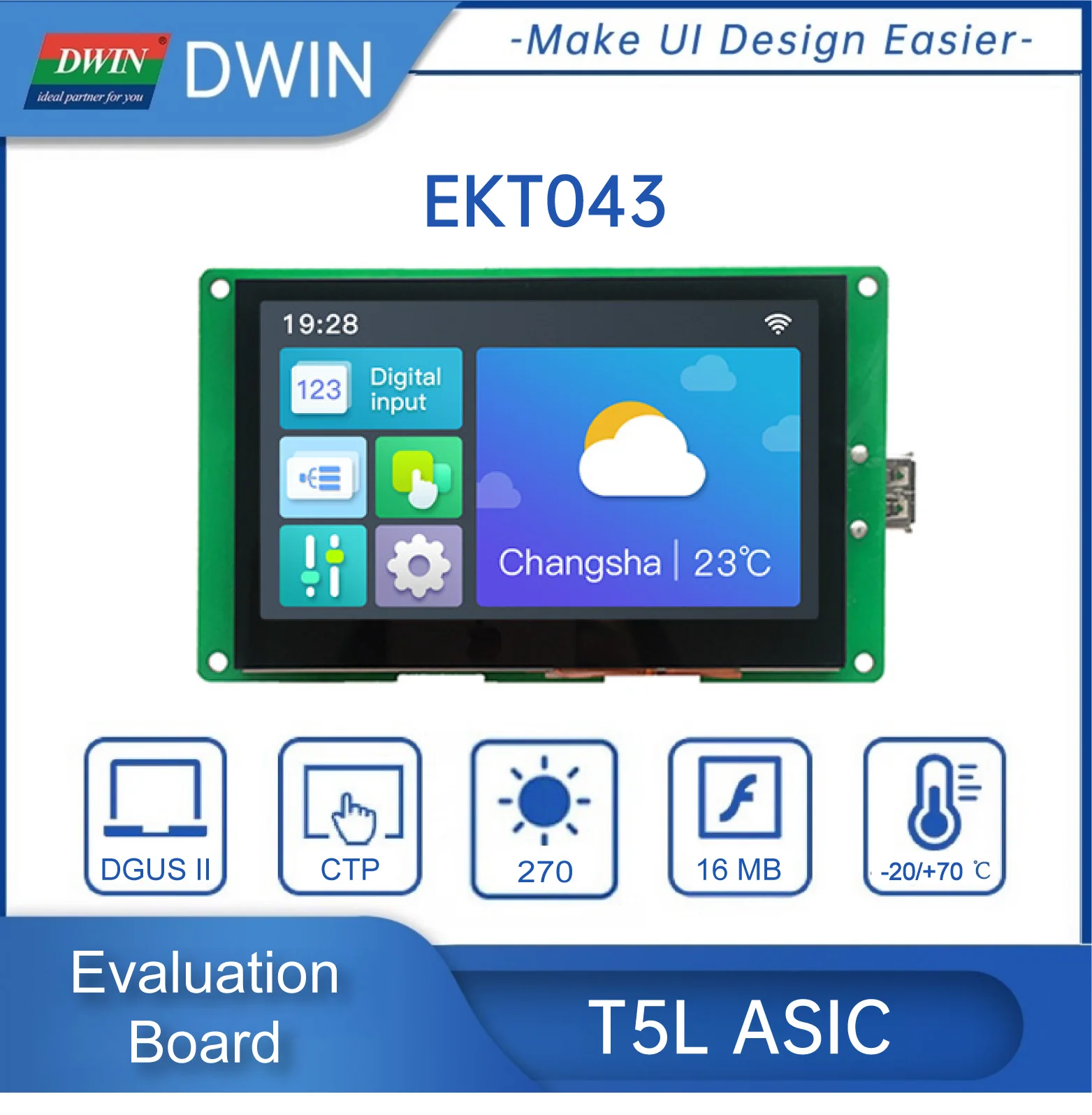 EKT043 T5L1 Evaluation Board with WiFi Module Interface Keil Online, 4.3 Inch Display