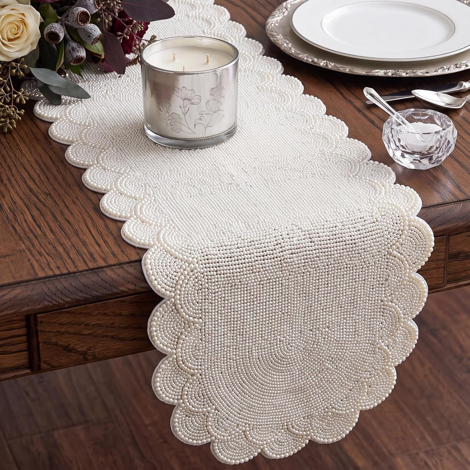 Pearl Table Runner 13 X 36 Inch Scalloped Edge Beaded Table Runner Elegant Luxury Centerpiece for Dining Wedding Birthday Party Baby Shower Anniversary Holiday Decor