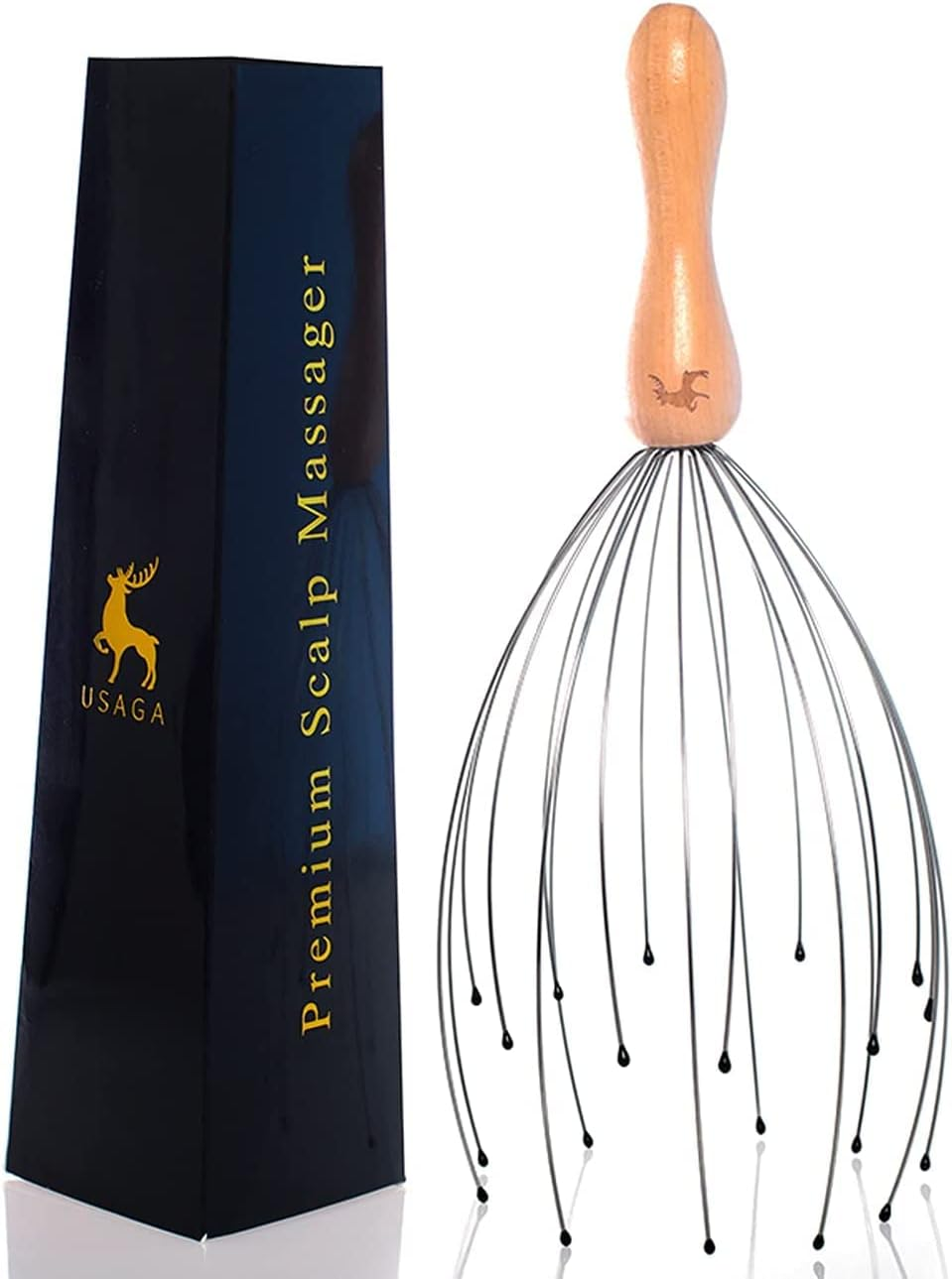 USAGA 20 Fingers Head Massager Head Scratcher Scalp Massager for Head Body Relaxing Wood Handle