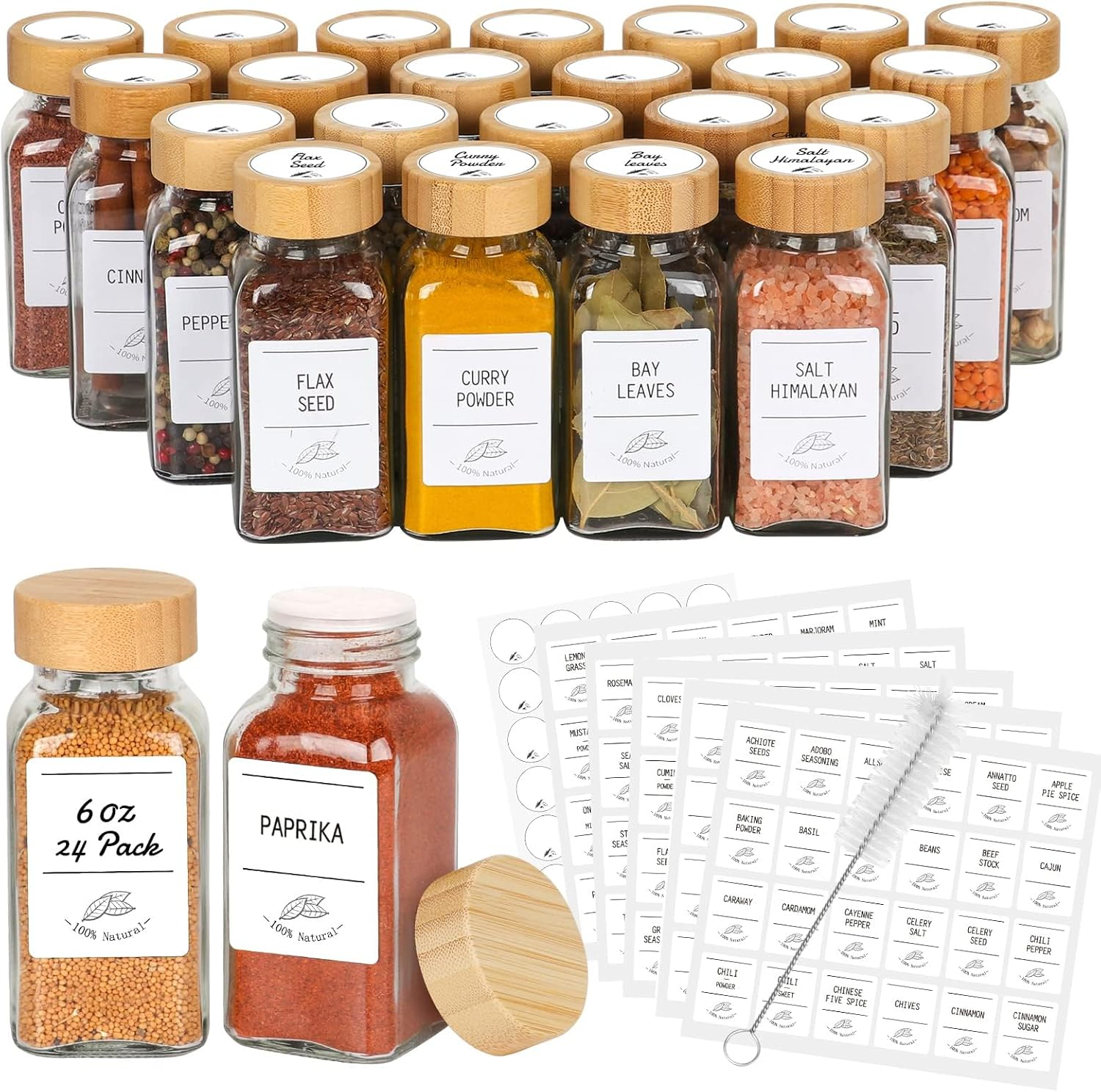 24Pack Glass Spice Jars with Bamboo Lids 6Oz, Spice Jars with Label Complete Set-6Oz Spice Containers with Blank & Pre-Printed Spice Labels and Straw Brush (6Oz 24Pack, Bamboo Lids)