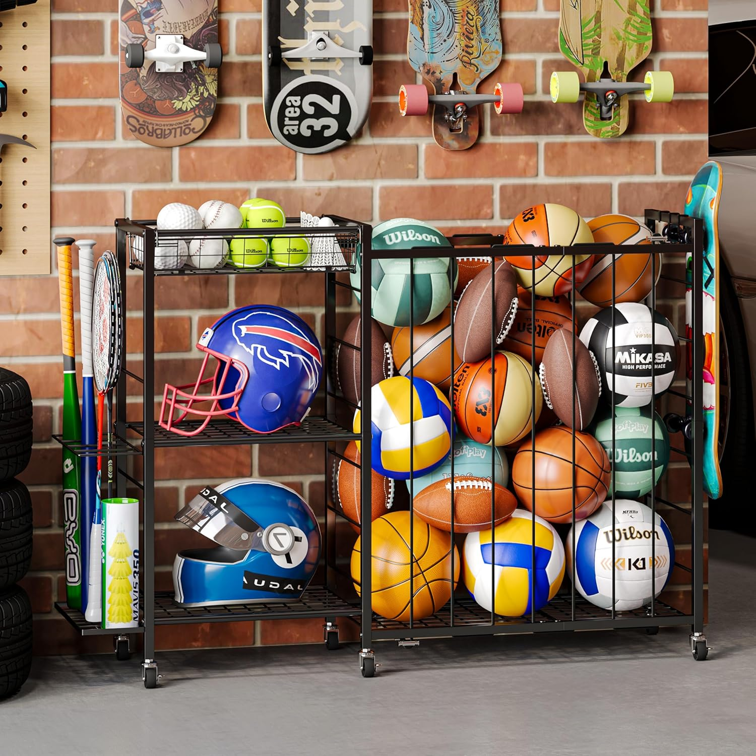 Ball Storage with Elastic Rope for Sports and Outdoors, Garage Organization with Wheels for Sports Gear and Toys, Large-Capacity Sports Equipment Organizer with Baseball Bat Holder and Basketball Rack
