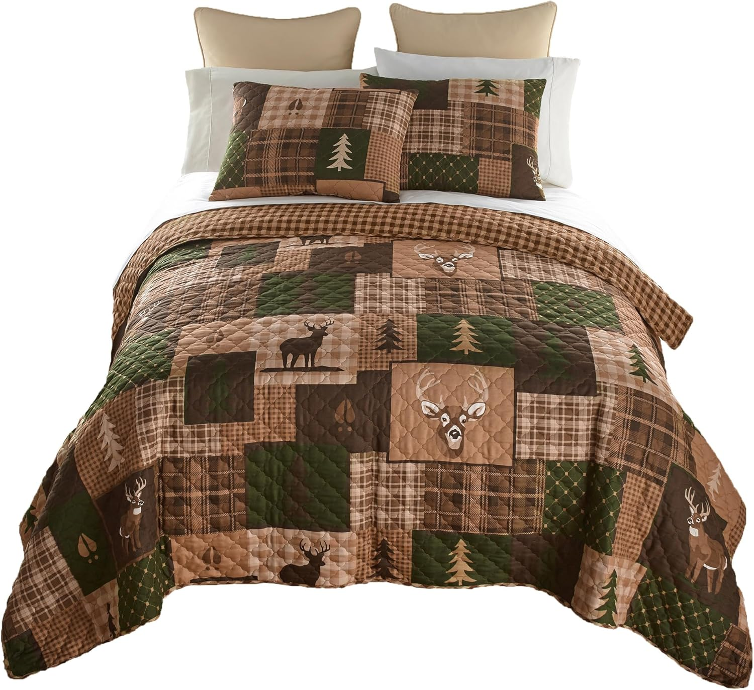 King Bedding Set - 3 Piece - Green Forest Lodge Quilt Set with King Quilt and Two Standard Pillow Shams - Machine Washable