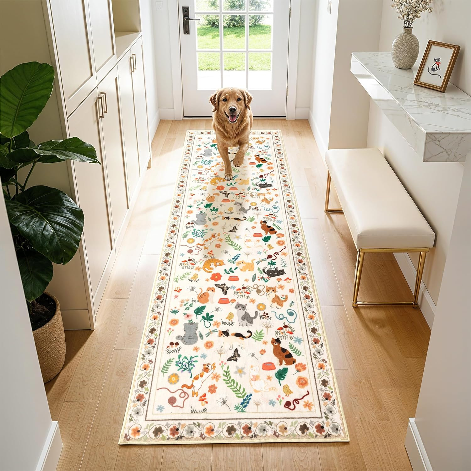 2X6 Cat Themed Runner Rug for Hallway & Kitchen, Washable Non-Slip Long Carpet with Playful Feline Prints, Pet Friendly & Easy Clean Low Pile Floor Mat(2X6,Beige)