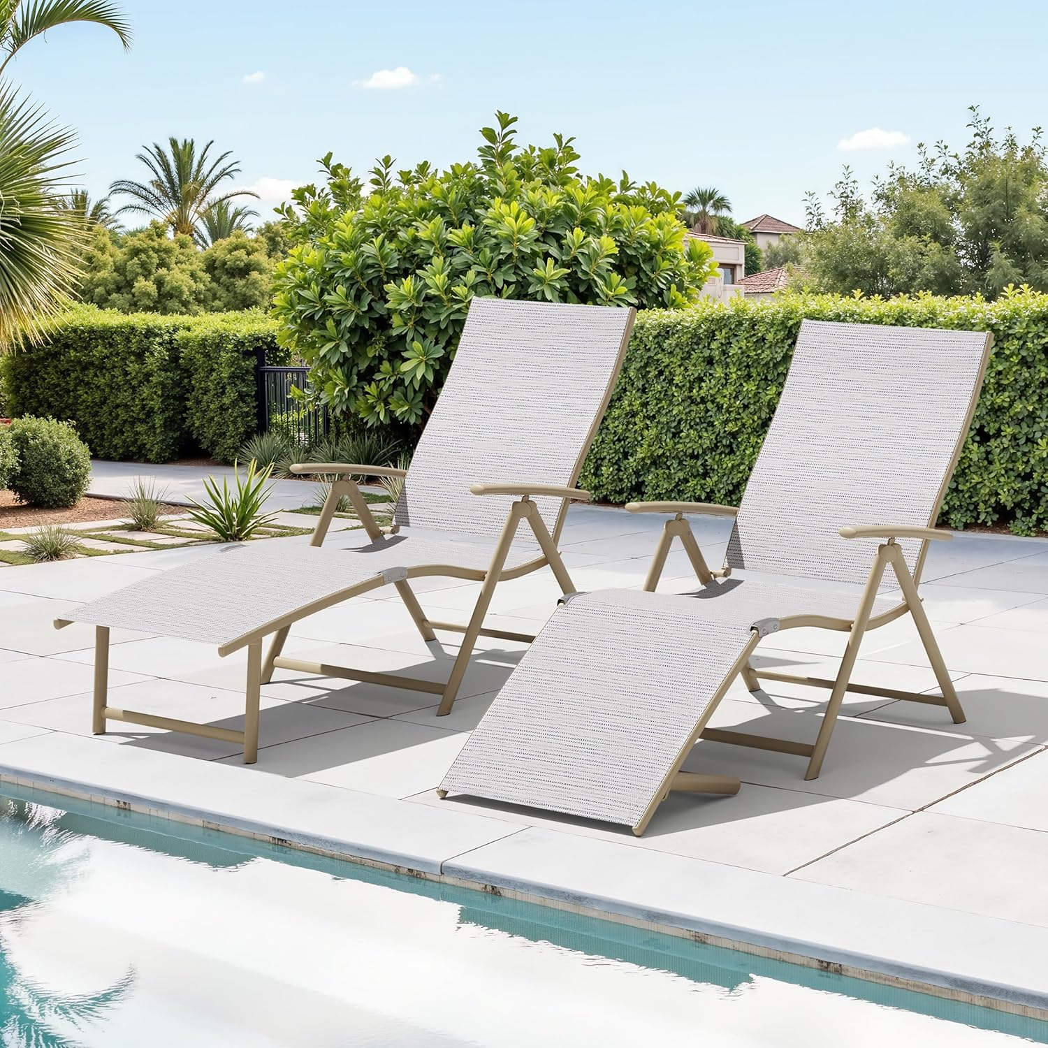 Chaise Lounge Chair Outdoor Set of 2, Aluminum Folding Patio Recliner Chair, Adjustable 8 Positions Assemble-Free Perfect for Beach, Yard, Pool, Deck(Multi-Color)
