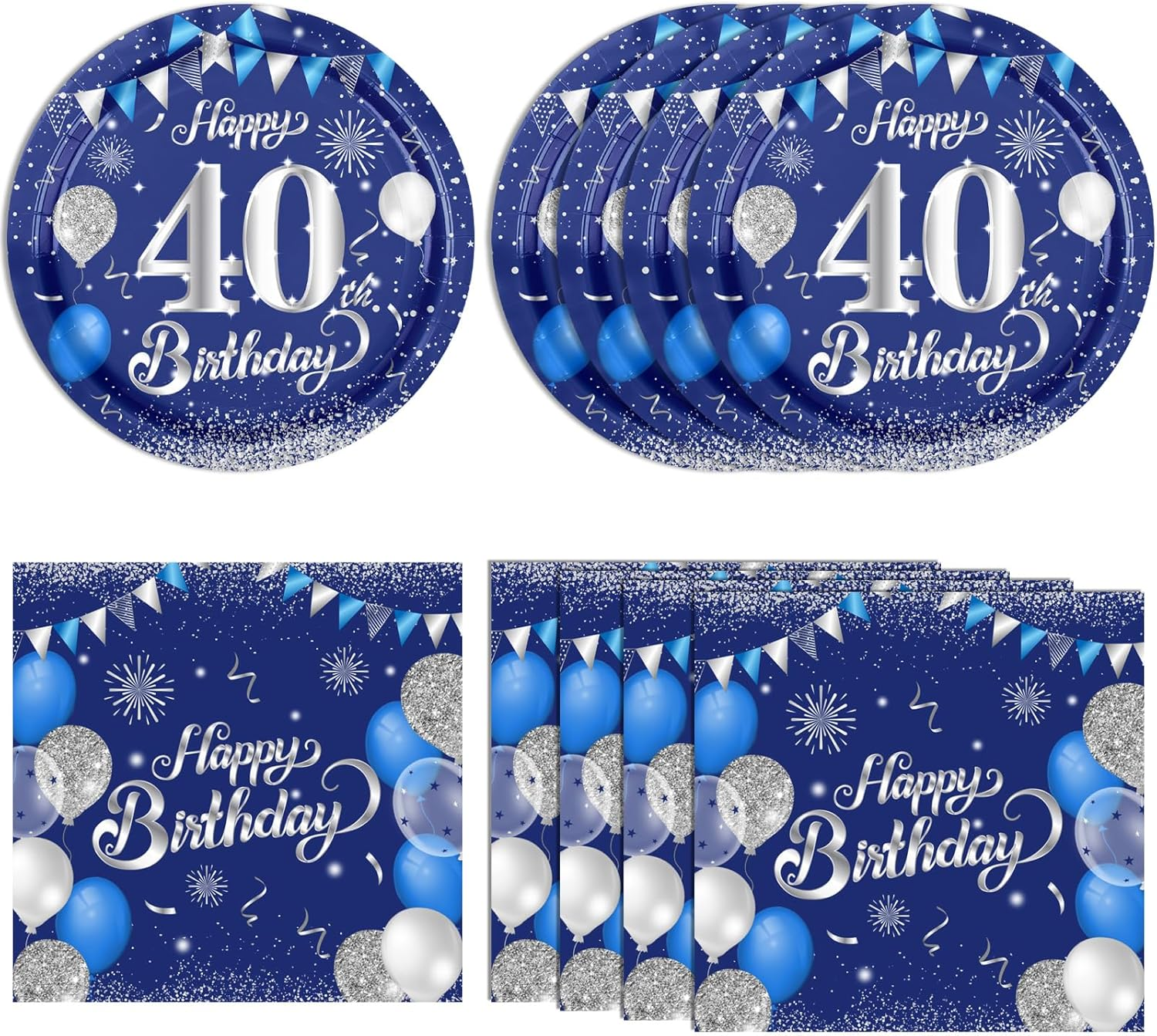 40PCS Happy 40Th Birthday Decorations Blue and Silver Cheers to 40 Years Plates Napkins Set for Men and Woman Forty Years Birthday Party Supplies