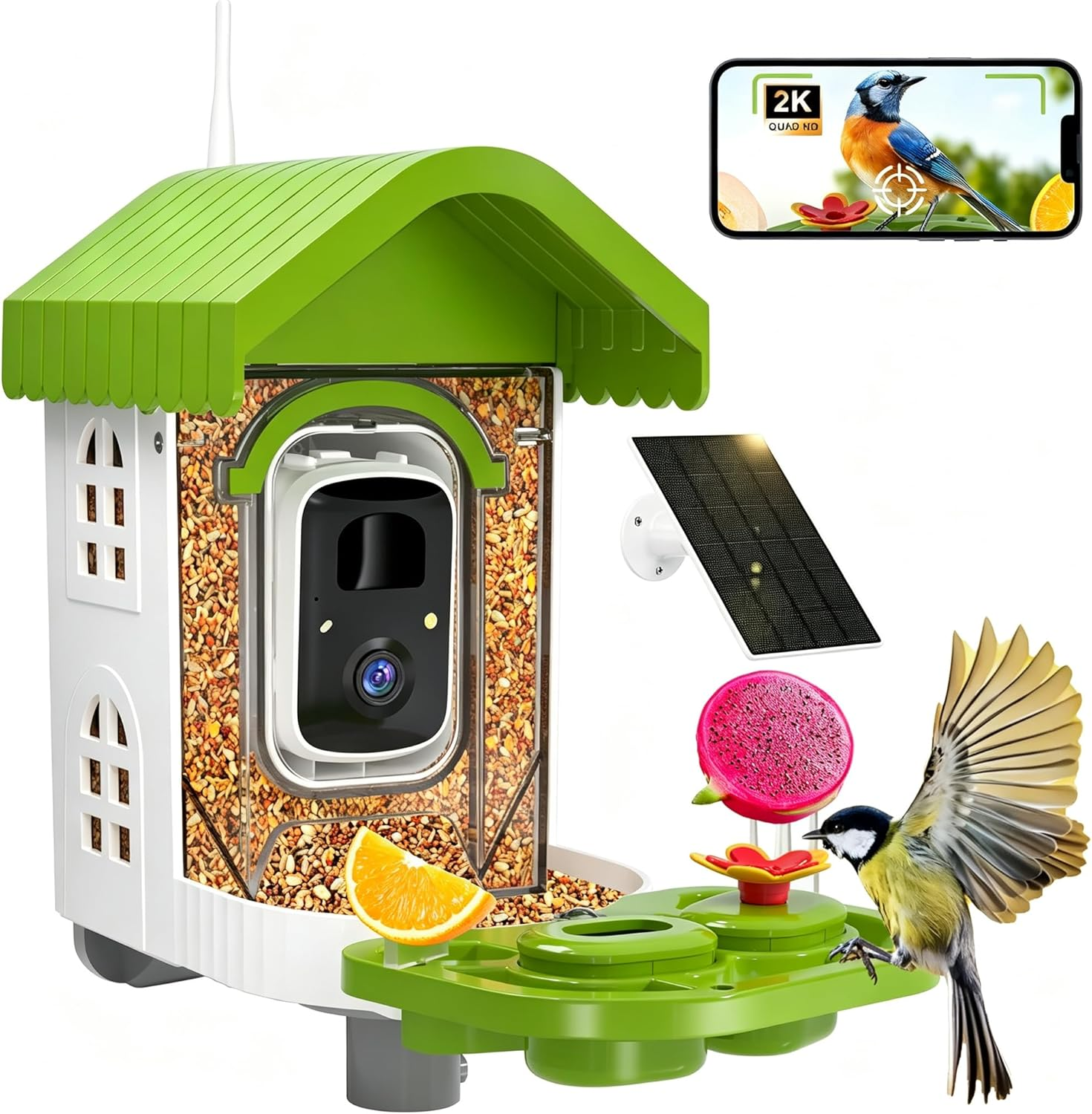 Bird Feeder with Camera Solar Powered, Smart Bird Feeder with AI Identify Birds Species, 2K HD Video, Real-Time Bird Alert, Weatherproof Design for Outdoor, Ideal Gift for Bird Lovers(Green)
