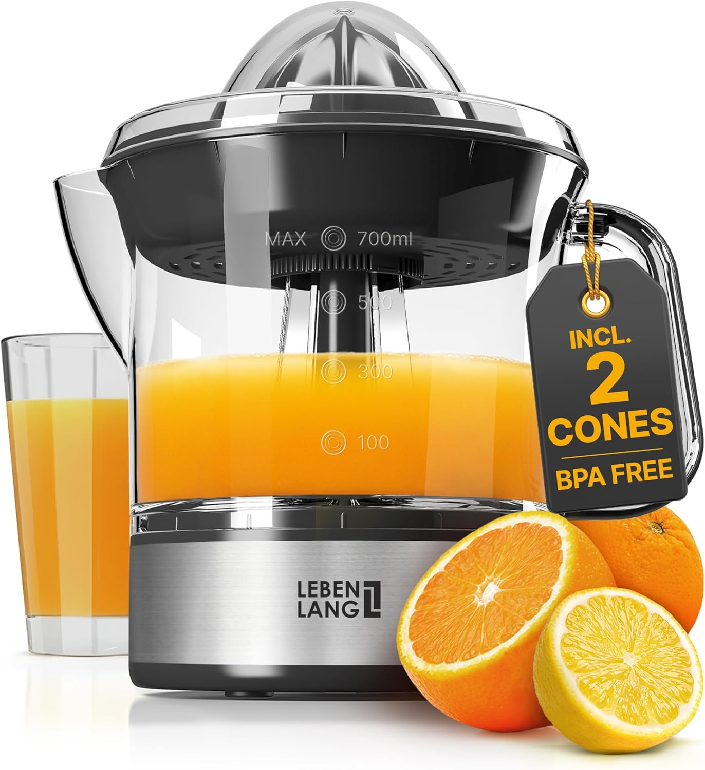 LEBENLANG Orange Juicer Electric - 2 Cones & Bpa-Free I High Juice Yield & Large Volume I 24Oz Lemon Juicer Squeezer I Electric Citrus Juicer Orange Juice Press Juicers Exprimidor De Naranjas Limones