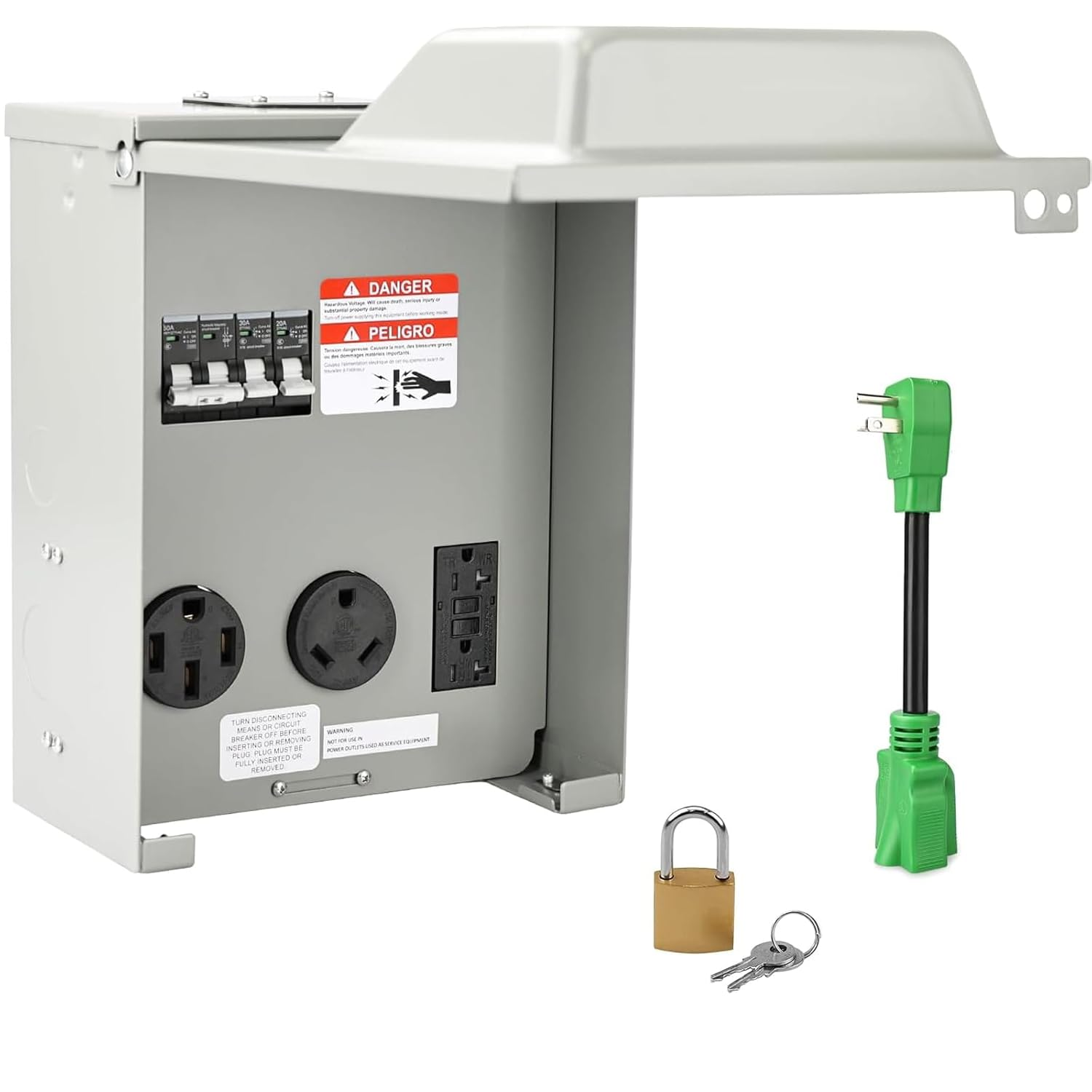RV Temporary Power Outlet Panel with Breaker, ETL Listed 20 30 50 Amp RV Receptacle, Type 3R RV Electrical Outlet Panel with 20 Amp 90 Degree Adapter Cord for RV, Camper, Travel Trailer