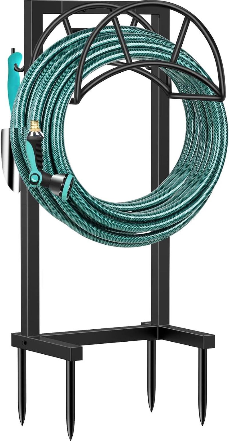 Tomcare Garden Hose Holder 4 Spikes Garden Hose Reel Hose Stand Upgraded Water Hose Storage with Tool Hooks Garden Hose Hanger Organizer Holds 160Ft Hoses for outside Yard Lawn, Black
