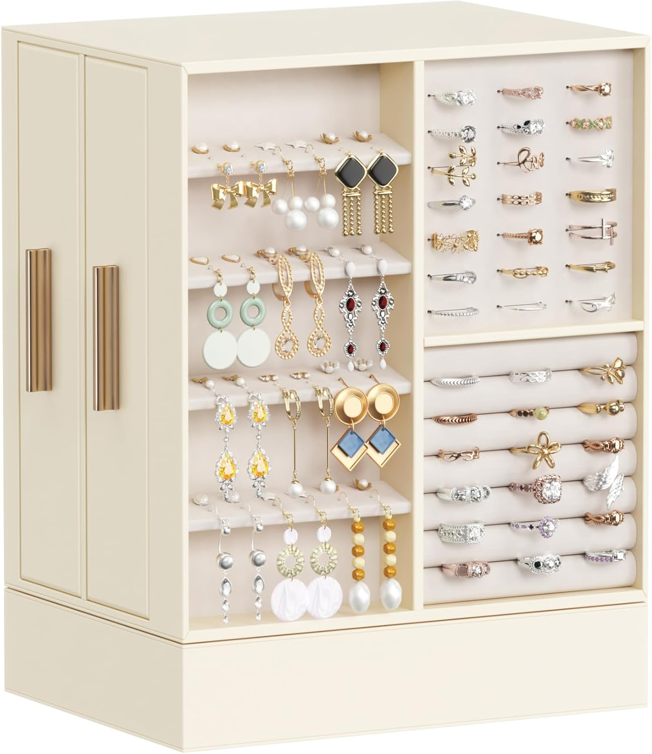 Jewelry Box 360° Rotating, Large Adjustable Angle Mirror, Jewelry Storage Case with 6 Drawers, Open Design, Jewelry Organizer for Ring Necklace Earring Bracelet, Great Gift, Creamy White