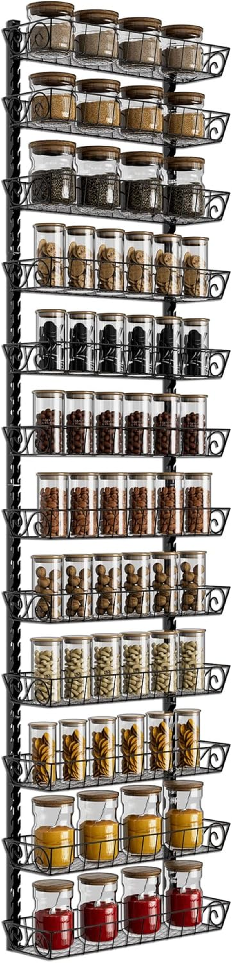 Adjustable Wall Mount Spice Rack Organizer, 12-Tier Dual-Use (Multi-Use) Hanging Spice Shelf Storage for Kitchen Pantry Cabinet Door, Seasoning Holder Organizer, Black