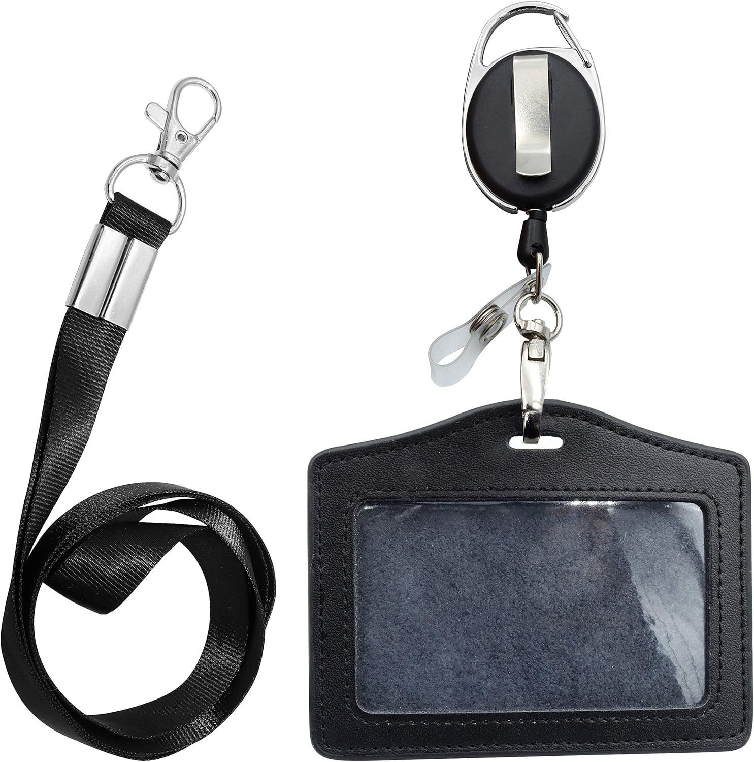 ID Card Case + Lanyard + Badge Holder Retractable Reel Carabiner and Plastic Clip (Genuine Leather Horizontal Black)