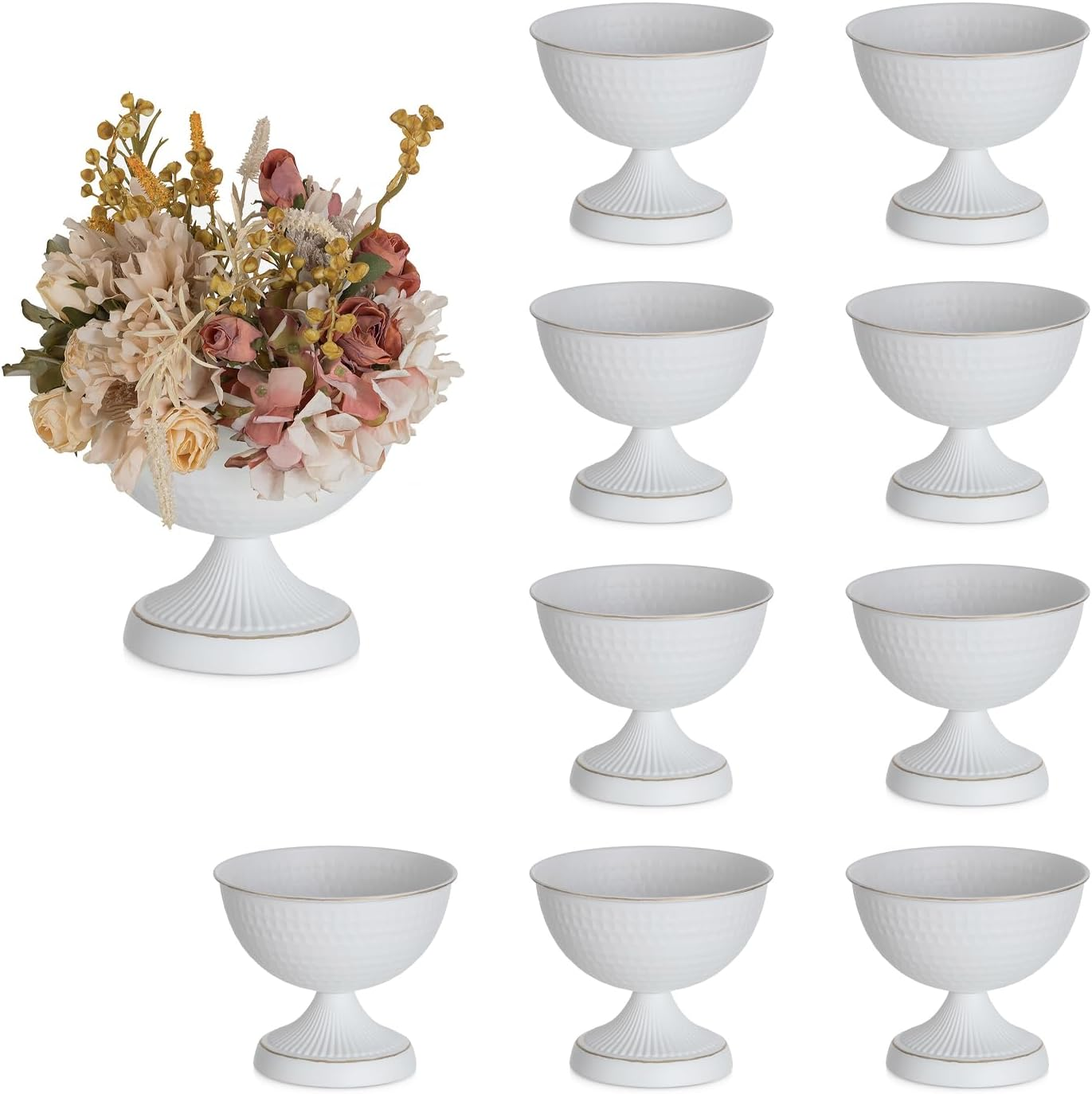 Urn Vases for Wedding Centrepiece - 6In High White Metal Vase Set of 10 Small Vintage Flower Arrangement Pots for Table Centrepieces Elegant Hammered Vase for Christmas Anniversary Party