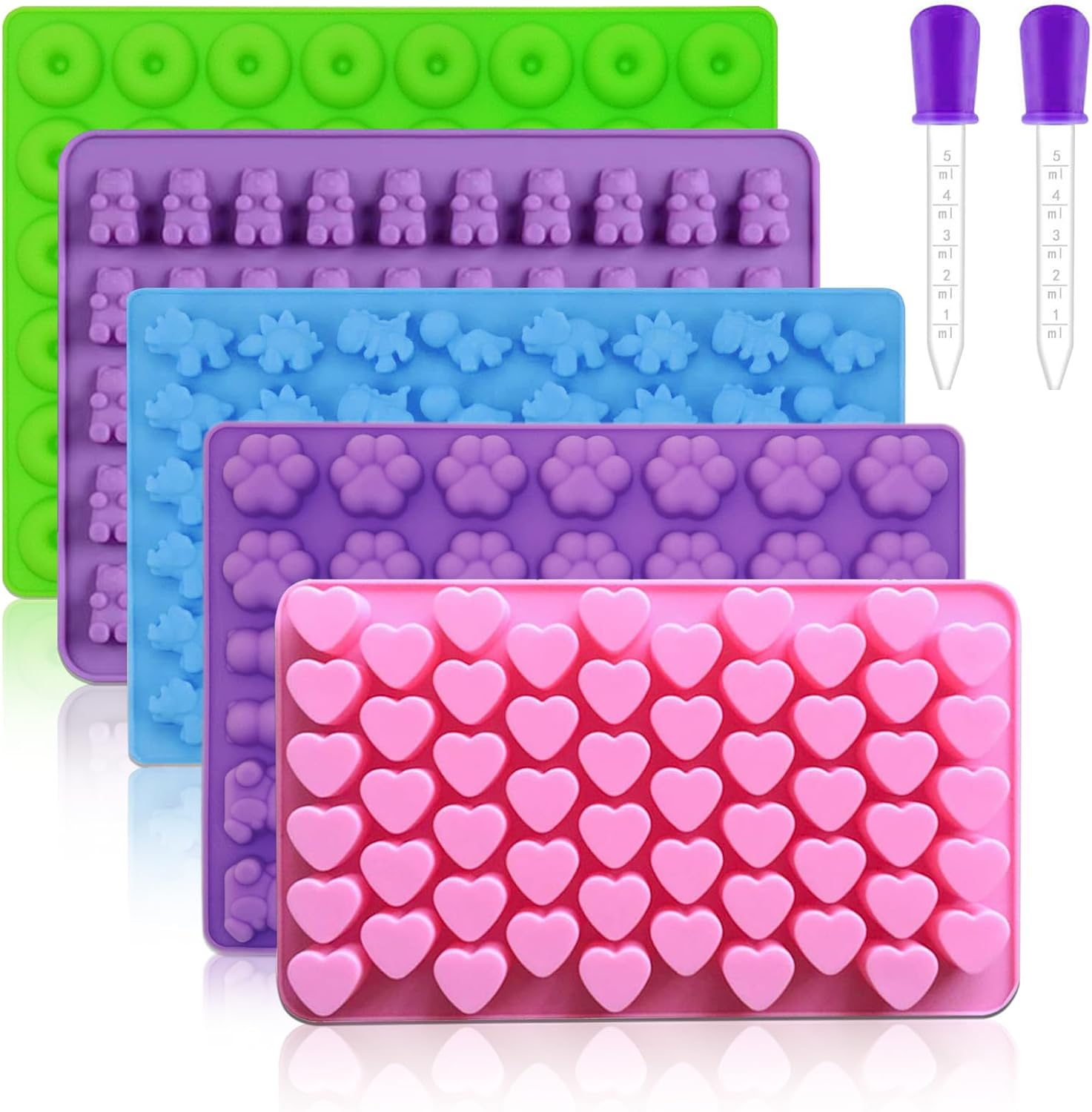 Silicone Gummy Molds Set of 5, Candy Molds with 2 Droppers for Convenient Filling, Silicone Gummy Molds Set Includes Dinosaur, Bear, Donut Heart and Cat Shapes