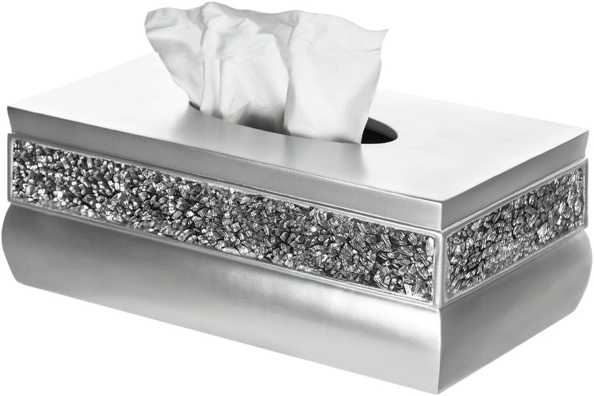 Creative Scents Silver Tissue Box Cover Rectangular - Decorative Bling Tissue Box Holder with Beautiful Mosaic Glass - Elegant Tissue Holder for Bathroom with Durable Bottom Slider (Silver Collection)