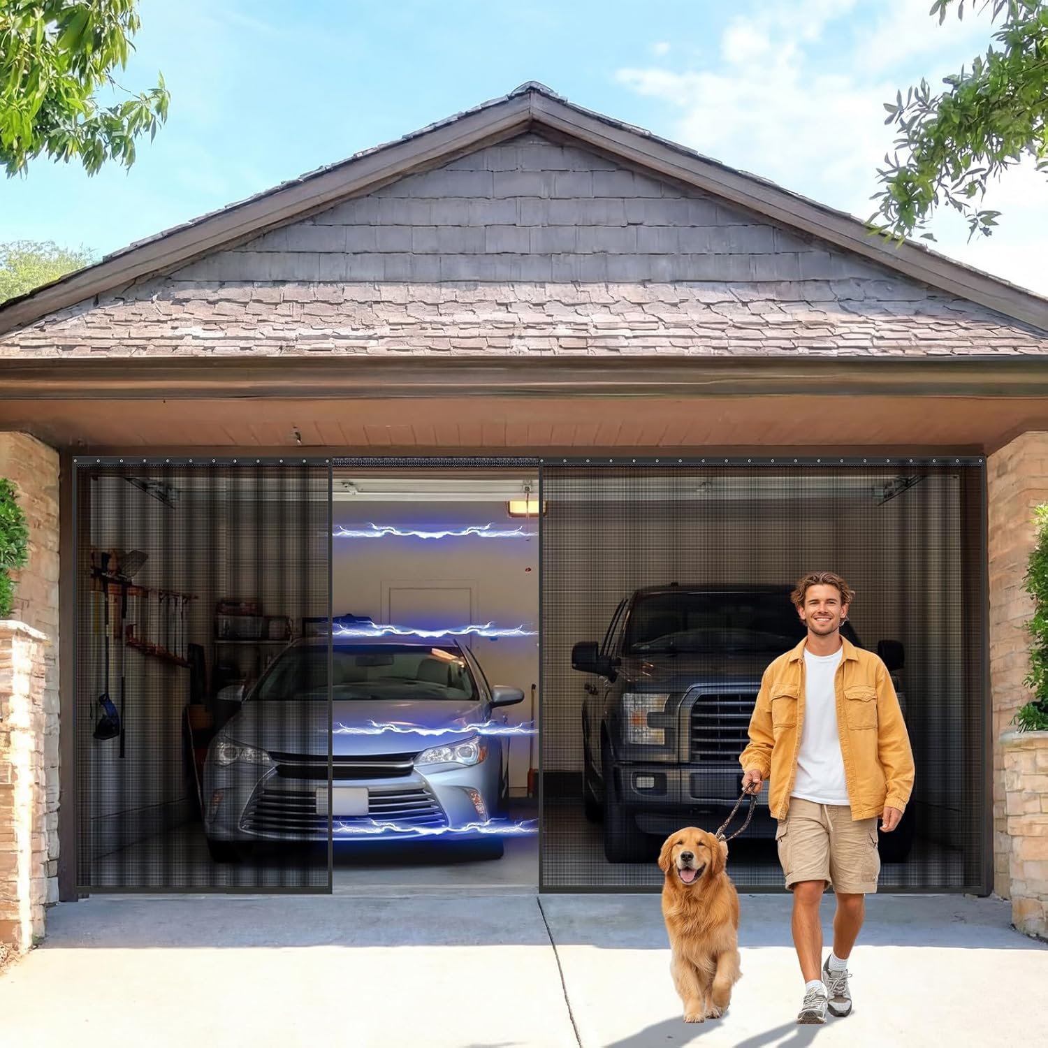 16 X 7 Ft Retractable Sliding Garage Door Screen 2 Car with Track Zipper Closure Magnetic Heavy Duty Weighted Bottom Privacy Door Curtain Keep Annoying Animals Out for Summer Garage Black