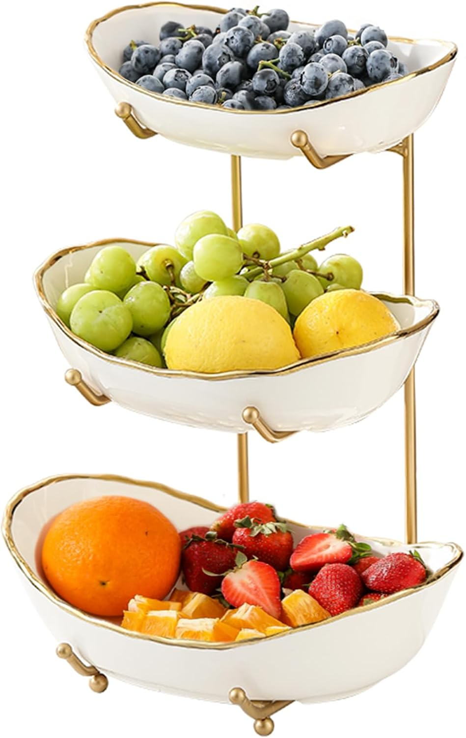 Fruit Bowl for Kitchen Counter - 3 Tier Ceramic Serving Bowls with Metal Stand, Tiered Fruit Basket for Fruit Vegetable Storage, Snack, Nuts, Cake, Dessert, Small & Cute (Gold-Rimmed)
