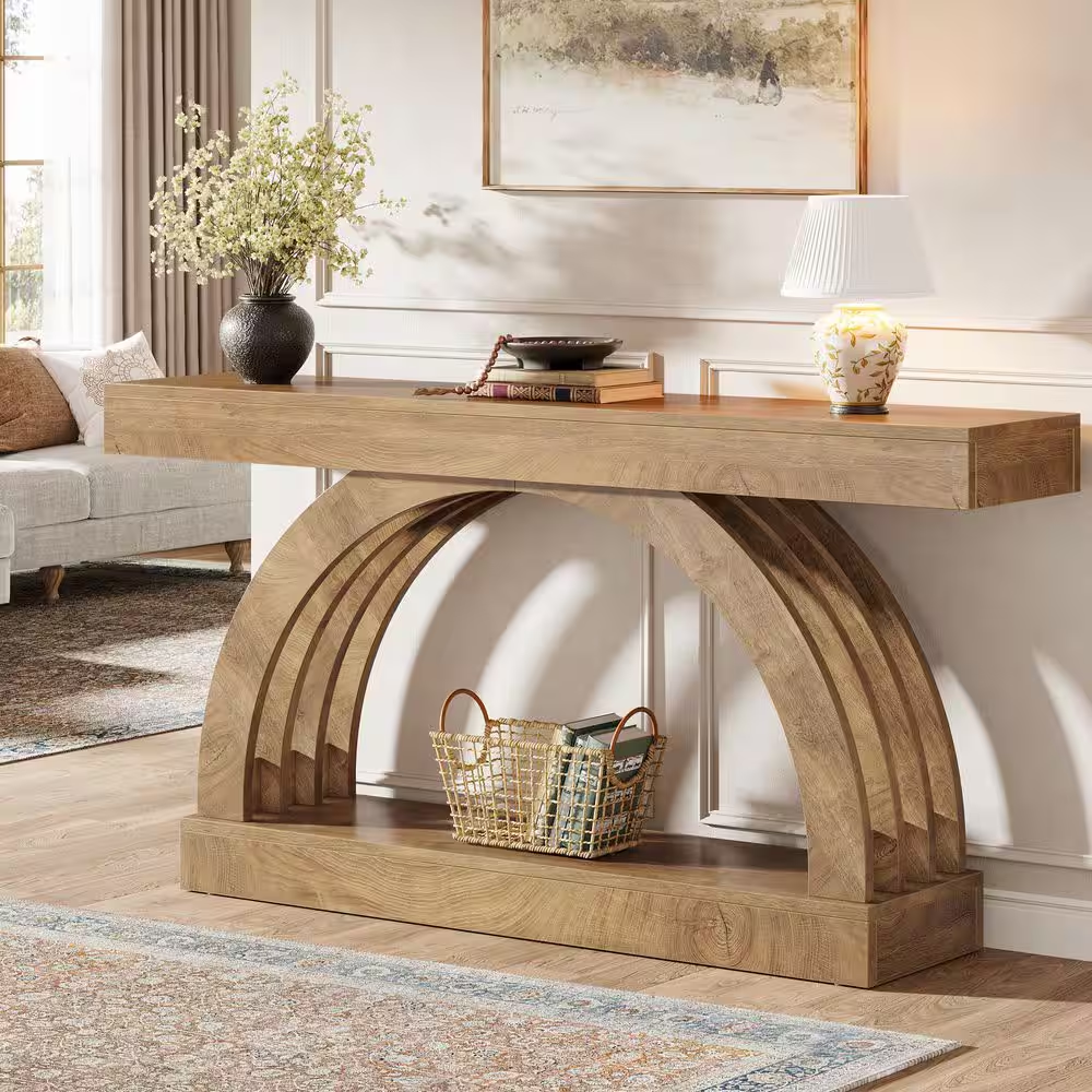 Turrella 63 In. Brown Rectangle Wood Console Table for Foyer, 2-Tier Narrow Unique Arched Sofa Console behind the Couch
