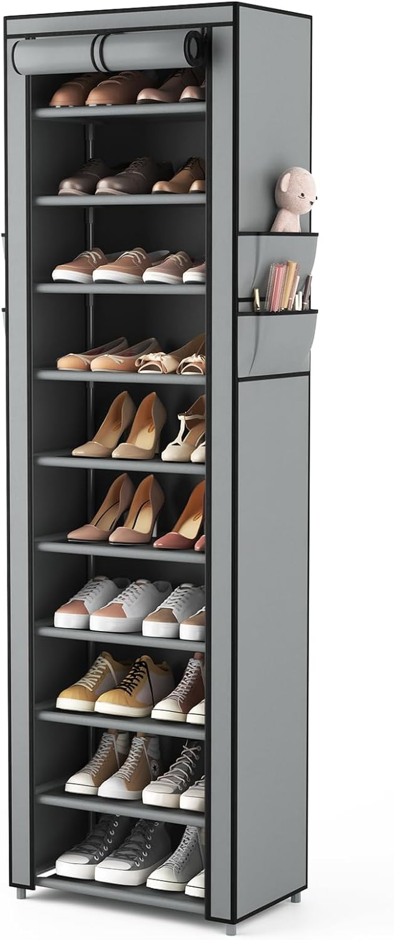 Vertical Narrow Shoe Rack Organizer Tall Shoe Rack for Closet Entryway 10 Tier Non-Woven Cover Shoe Shelf Holds 20-22 Pairs Free Standing Shoe Storage Cabinet with Dustproof Cover, Grey