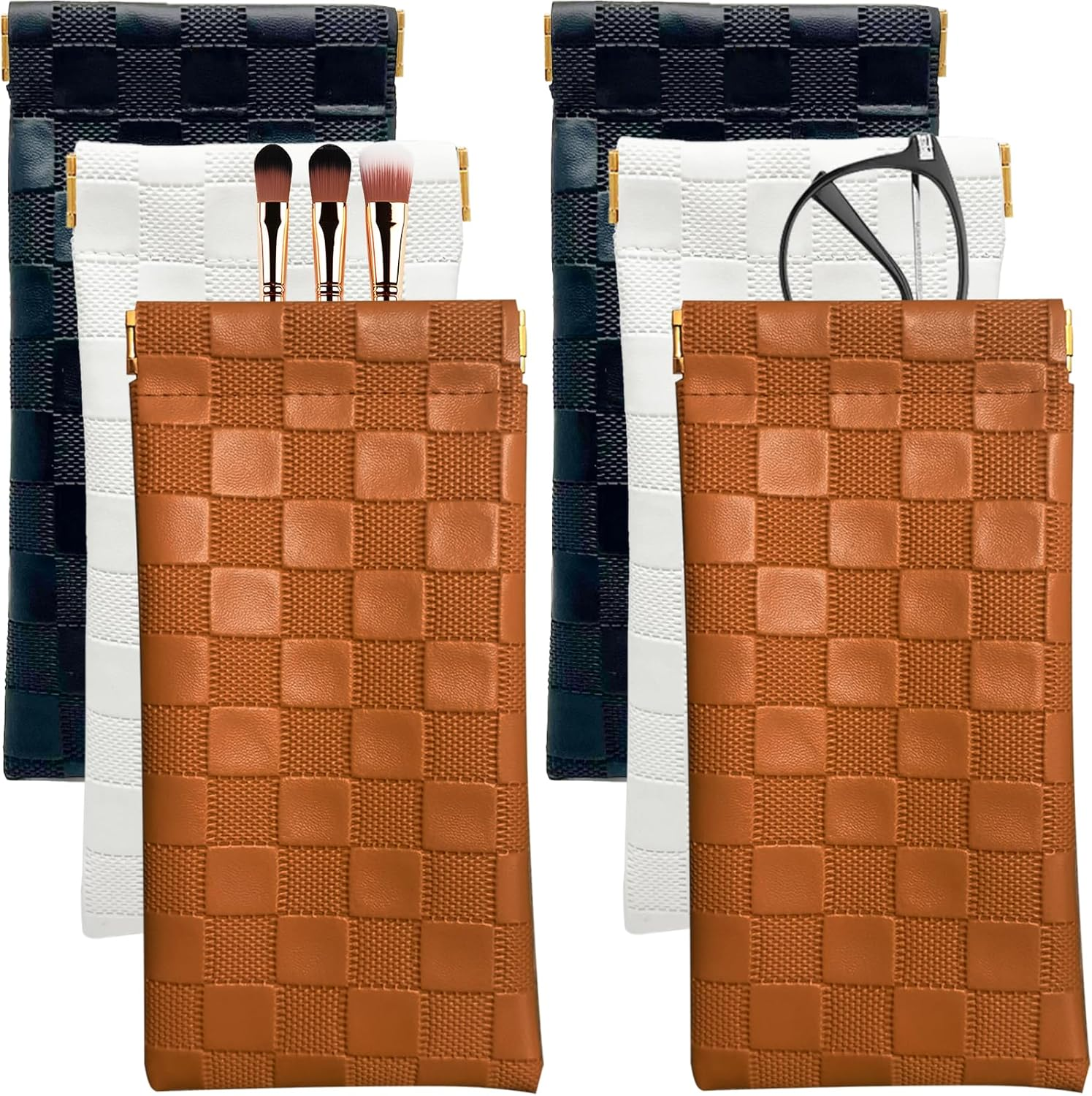 Sunglasses Case Soft Eyeglass Cases for Women, 4 Pcs Portable Squeeze Top Checkered Glasses Pouch